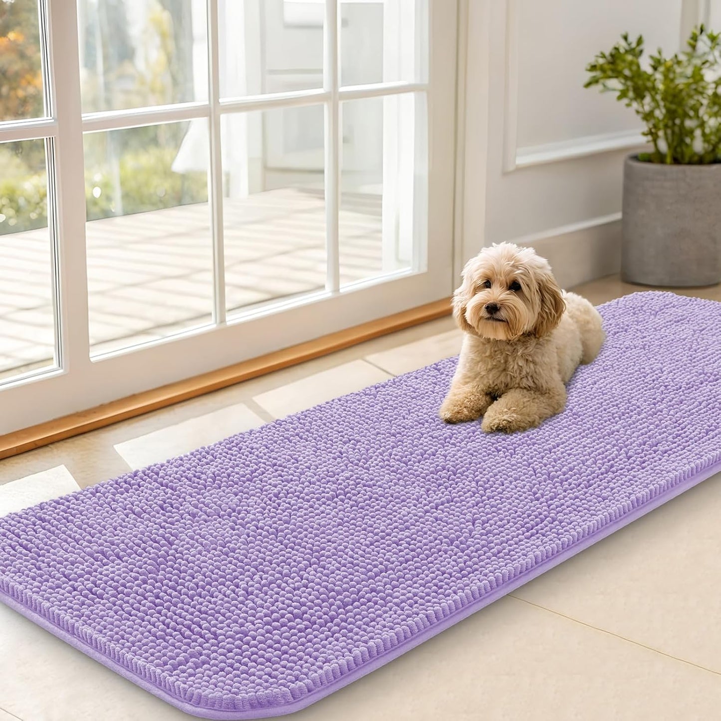 OLANLY Dog Door Mat for Muddy Paws 59x20, Absorbs Moisture and Dirt, Absorbent Non-Slip Washable Doormat, Quick Dry Chenille Mud Mat for Dogs, Entry Indoor Entryway Carpet for Inside Floor, Lavender