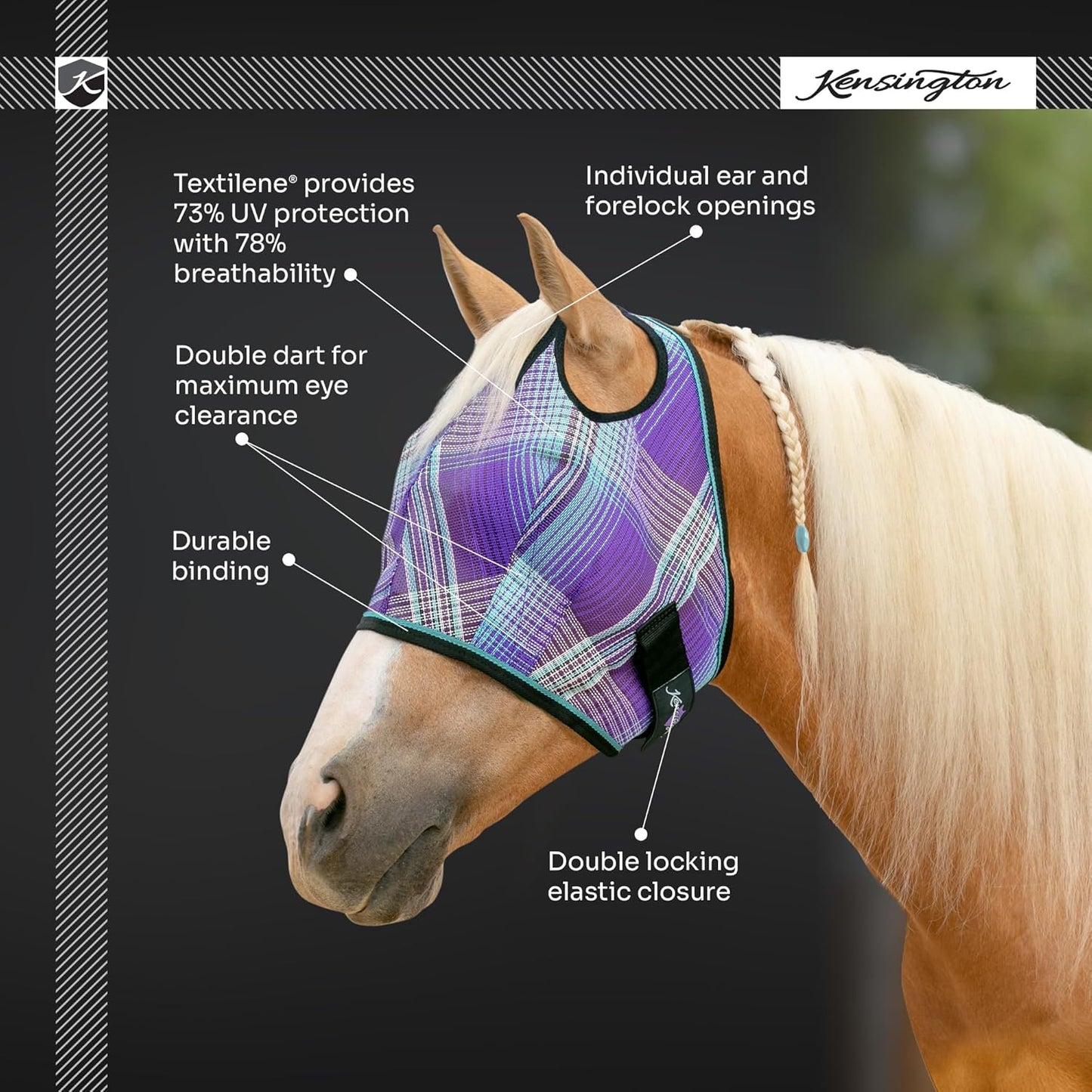 Kensington UV Horse Fly Mask with Web Trim - Protective Mask with Dual Ear Opening & Forelock Freedom - Large, Deluxe Black