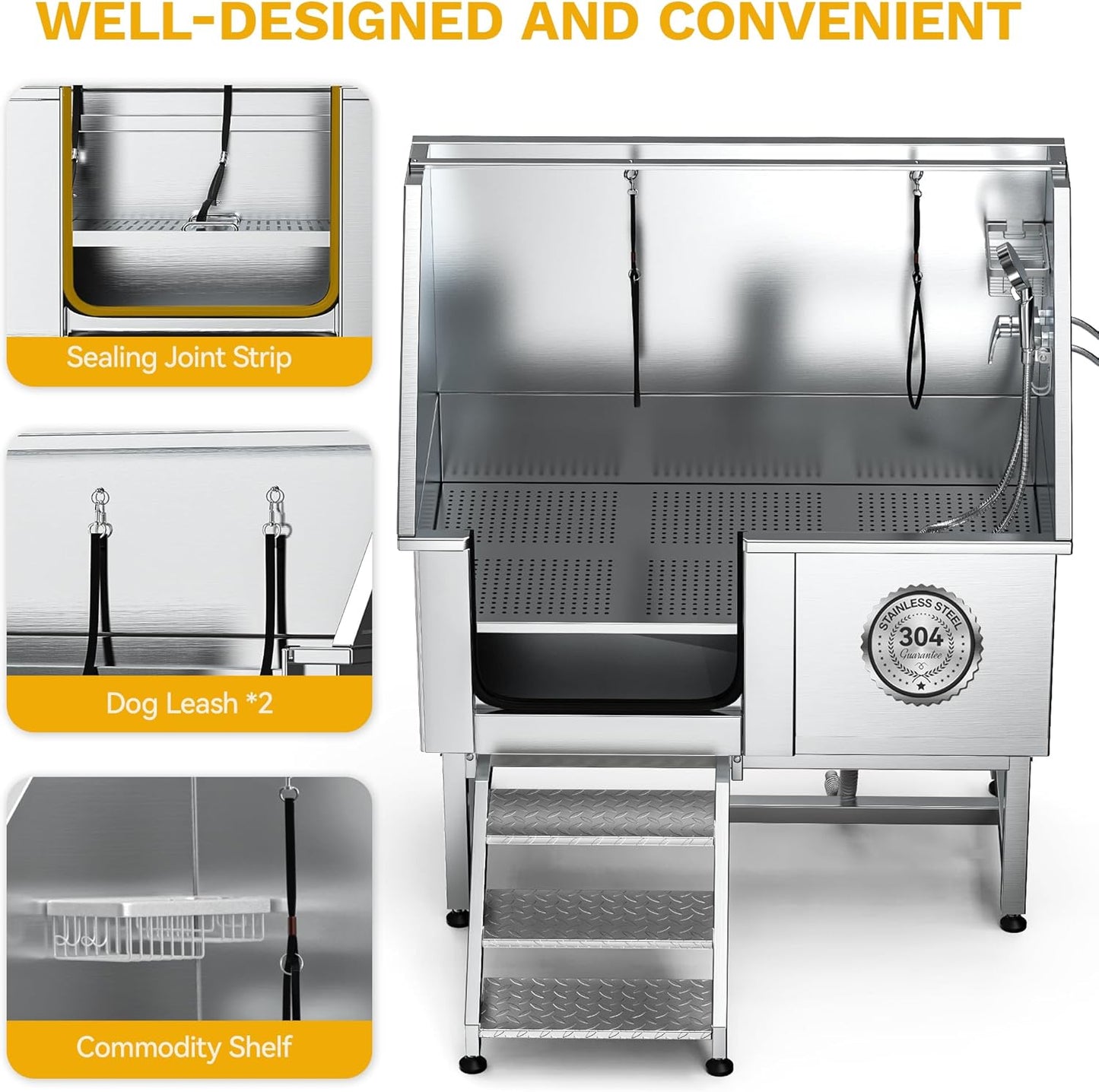 DWVO Professional Pet Dog Bathing Station for Grooming, 50'' Dog Grooming Bathtub with Left Stairs, Floor Grate, Faucet, Showerhead & Soap Holder for Large, Medium & Small Pets