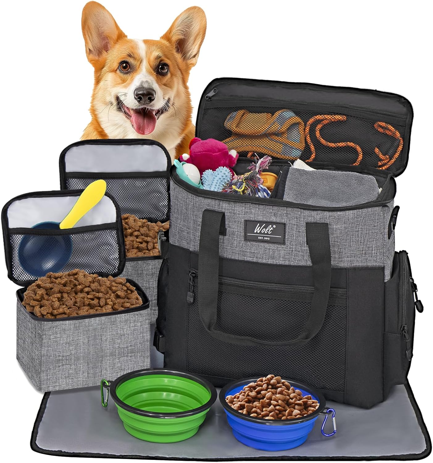 WOLT Dog Travel Bag Dog Bag for Traveling and Supplies with 2 Collapsible Bowls, 2 Food Containers, 1 Place Mat, Grey