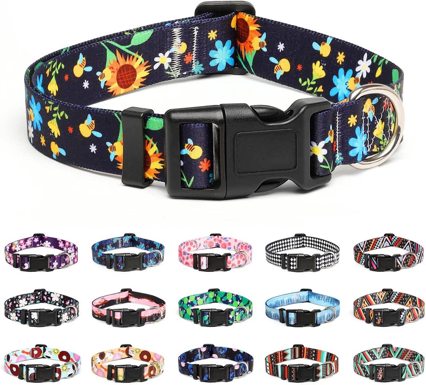 Mercano Adjustable Dog Collar - Special Design Patterns, Soft Nylon Comfortable Durable Pet Collar for Small Medium Large Dogs (M, Sunflower)