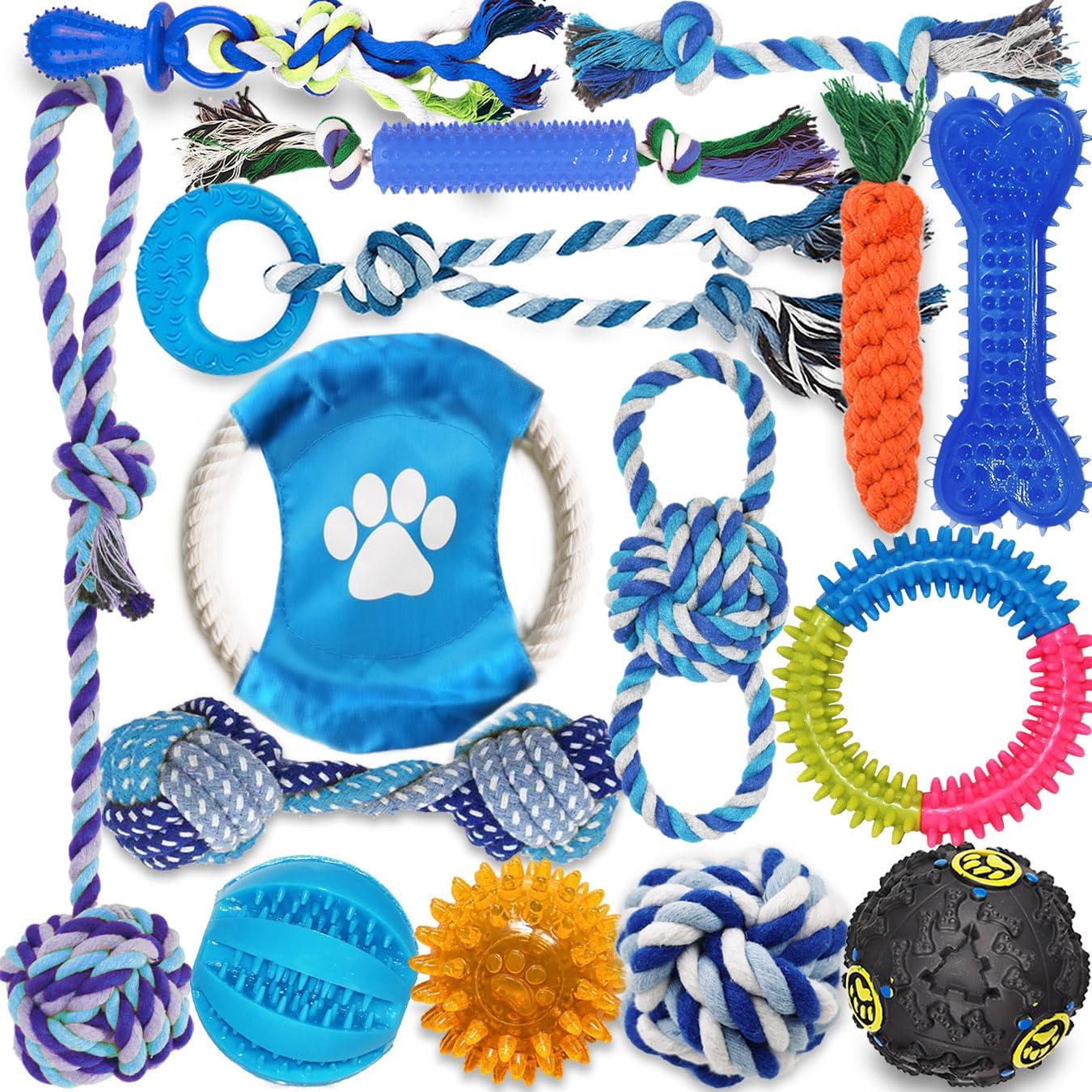 Dog Toys 15 Pack for Teeth Cleaning and Fun, Puppy Teething Chew Toys Interactive Rope Squeaky Treat Balls & Rubber Tous Bulk– Variety Dog Gifts Set Reduce Anxiety & Save Furniture