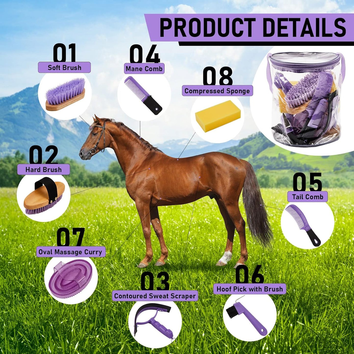 9 Pieces Horse Grooming Kit Tack Room Supplies Set with Organizer Tote Bag, Oval Massage Curry, Hard and Soft Brush, Hoof Pick, Sweat Scraper, Bathing Sponge, Combs for Horse Riders Beginners (Purple)