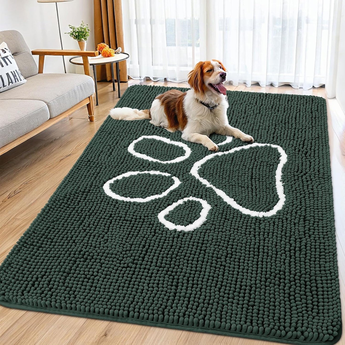 Smiry Dog Door Mat for Muddy Paws, Absorbent Dirt Trapper Non Slip Quick Dry Washable Chenille Mat for Mud Dogs, Entry Rug for Indoor and Outdoor (71x46 Inches, Green)