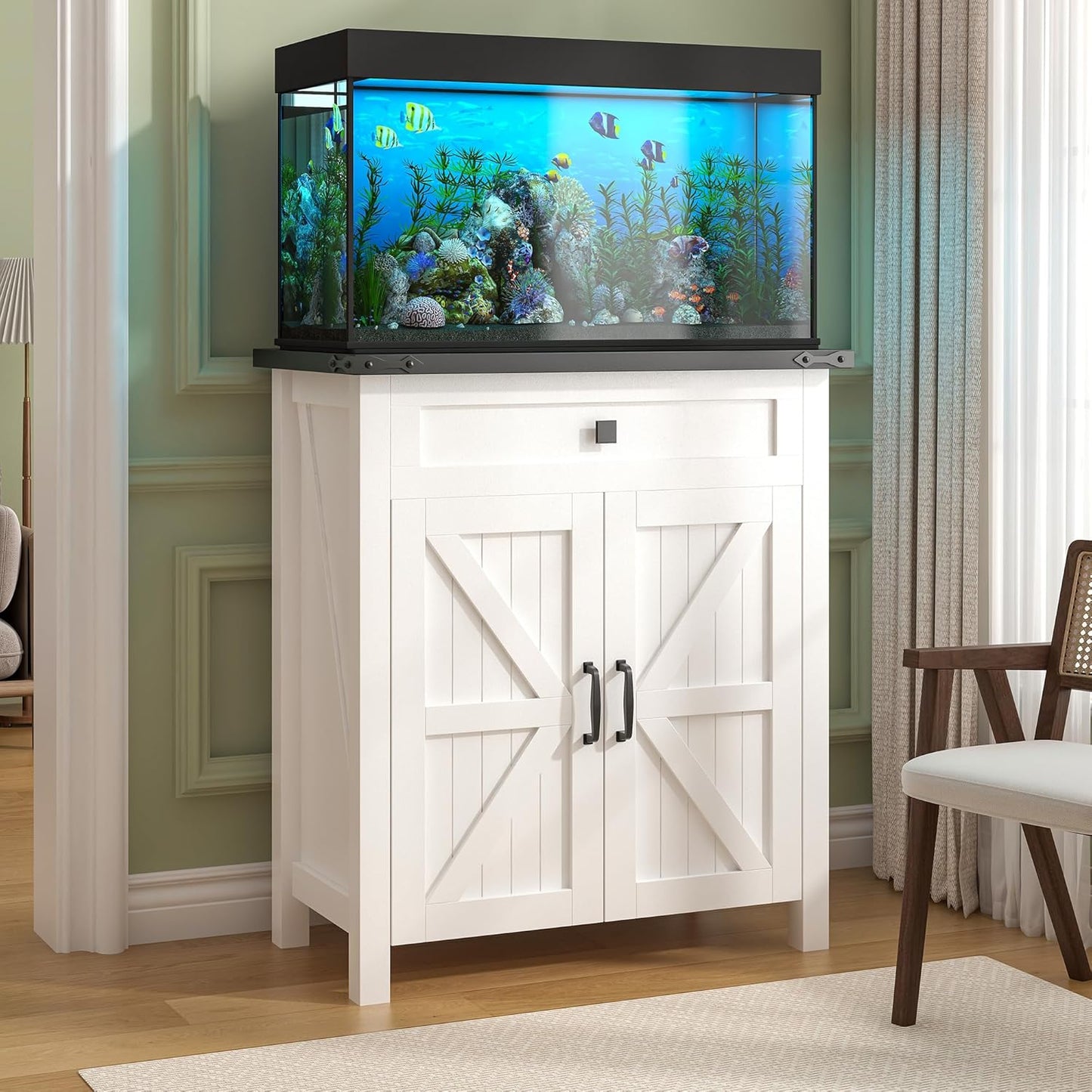 Suadism 20 Gallon Aquarium Stand With Charging Station, Farmhouse Fish Tank Stand, Reptile and Terrarium Stand with Drawer and Cabinet Storage, Sturdy Heavy Duty 27.6"15.7" - White