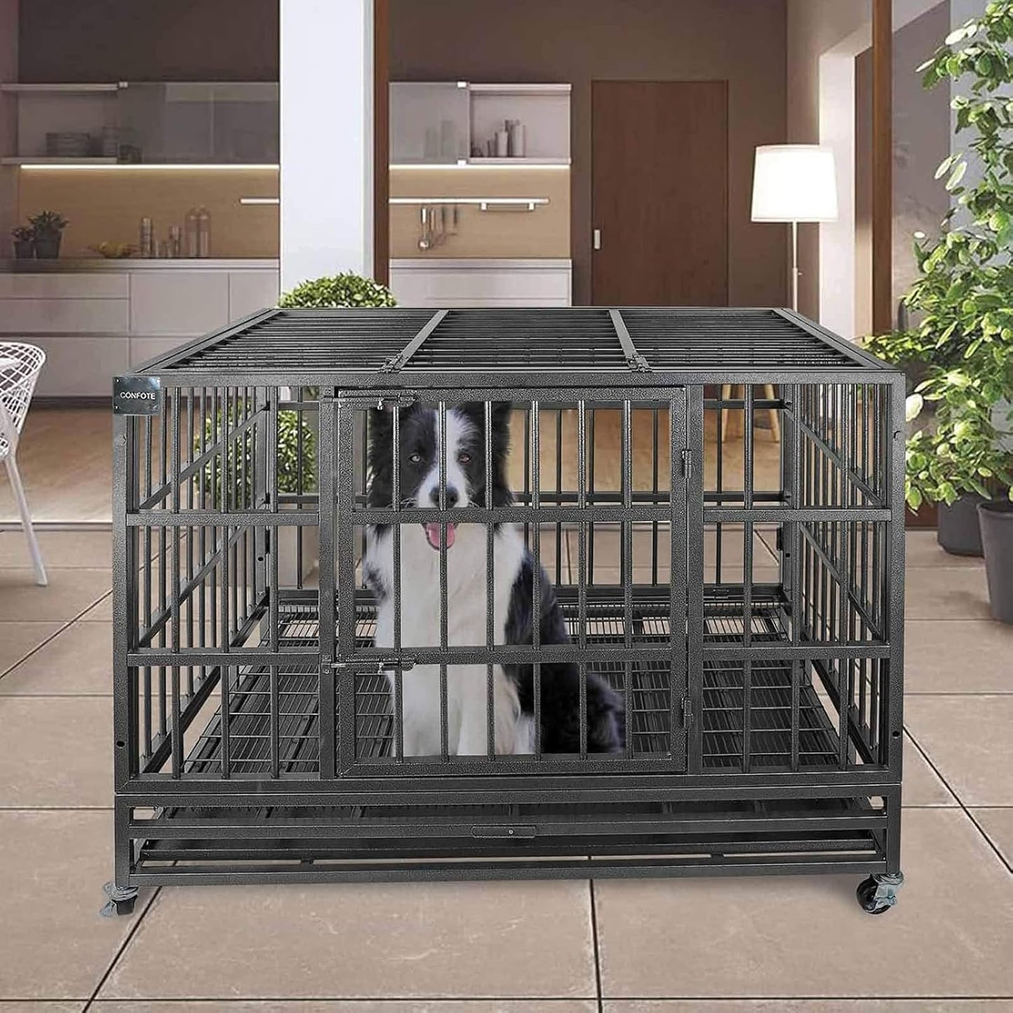 Confote 48" Heavy Dog Duty Cage Metal Indestructible Dog Kennels Crate for Large Dogs with Double Doors & Lockable Wheels