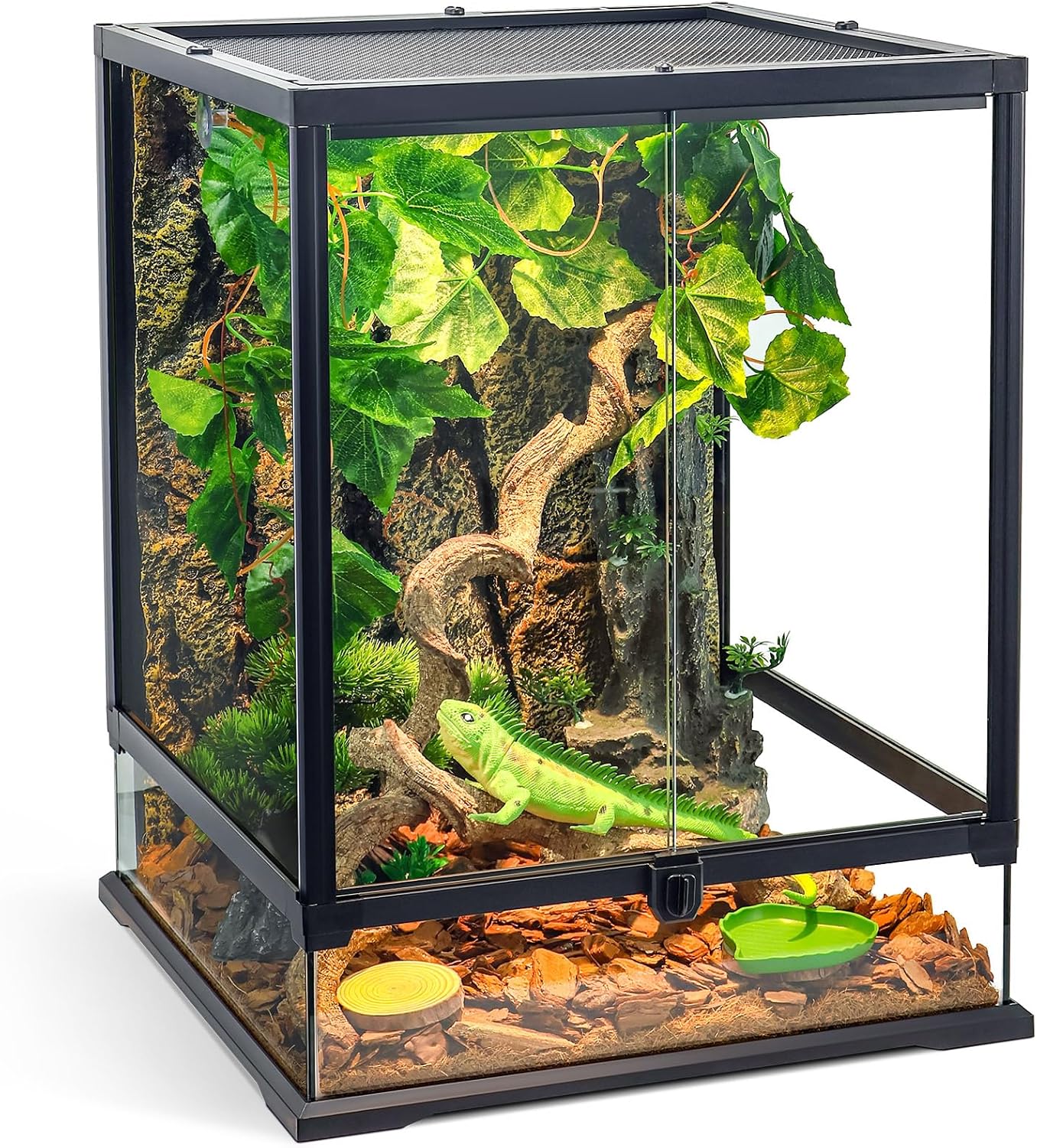360° Clear View 35 Gallon 24x18x18 Glass Reptile Terrarium Suitable for Bearded Dragon, Chameleon, Crested Gecko, Multi-Pet Enclosure with Front Door, Excellent Ventilation, Hidden Wiring Holes