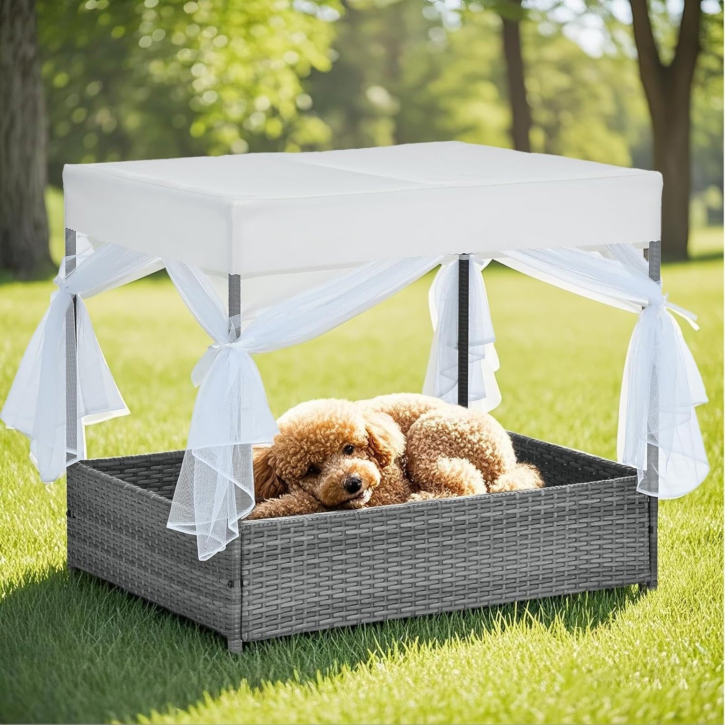Wicker Dog House Outdoor Indoor with Canopy, Weatherproof Outside Dog Shelter Bed with Cushion, 4Sided Mesh Windows, Pet House Tent Shade for Small Medium Dogs, Rattan Dog Cot for Patio Yard Gray