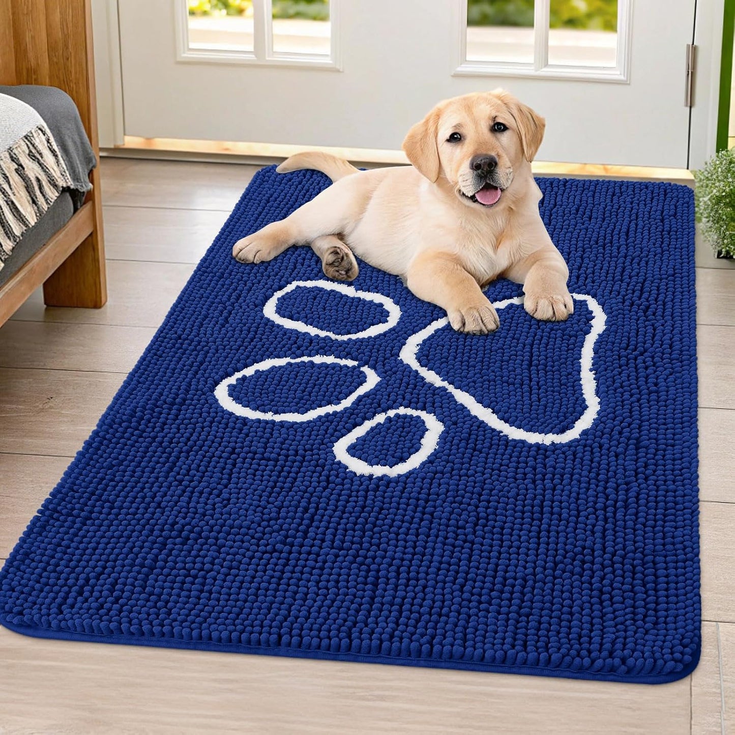 Smiry Dog Door Mat for Muddy Paws, Absorbent Dirt Trapper Non Slip Quick Dry Washable Chenille Mat for Mud Dogs, Entry Rug for Indoor and Outdoor (40x32 Inches, Navy Blue)