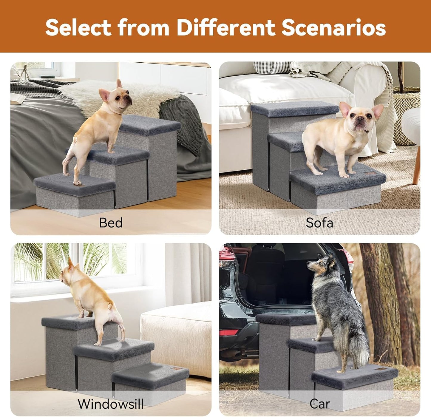 Dog Stairs with Furry Lids 18" H, 3-Step Wider Dog Steps with Storage for Small/Medium/Large Old Dogs Cats, Folding Sturdy Pet Stairs Climbing Bed Couch, Ramp for Car Hold Up to 200 lbs, Grey