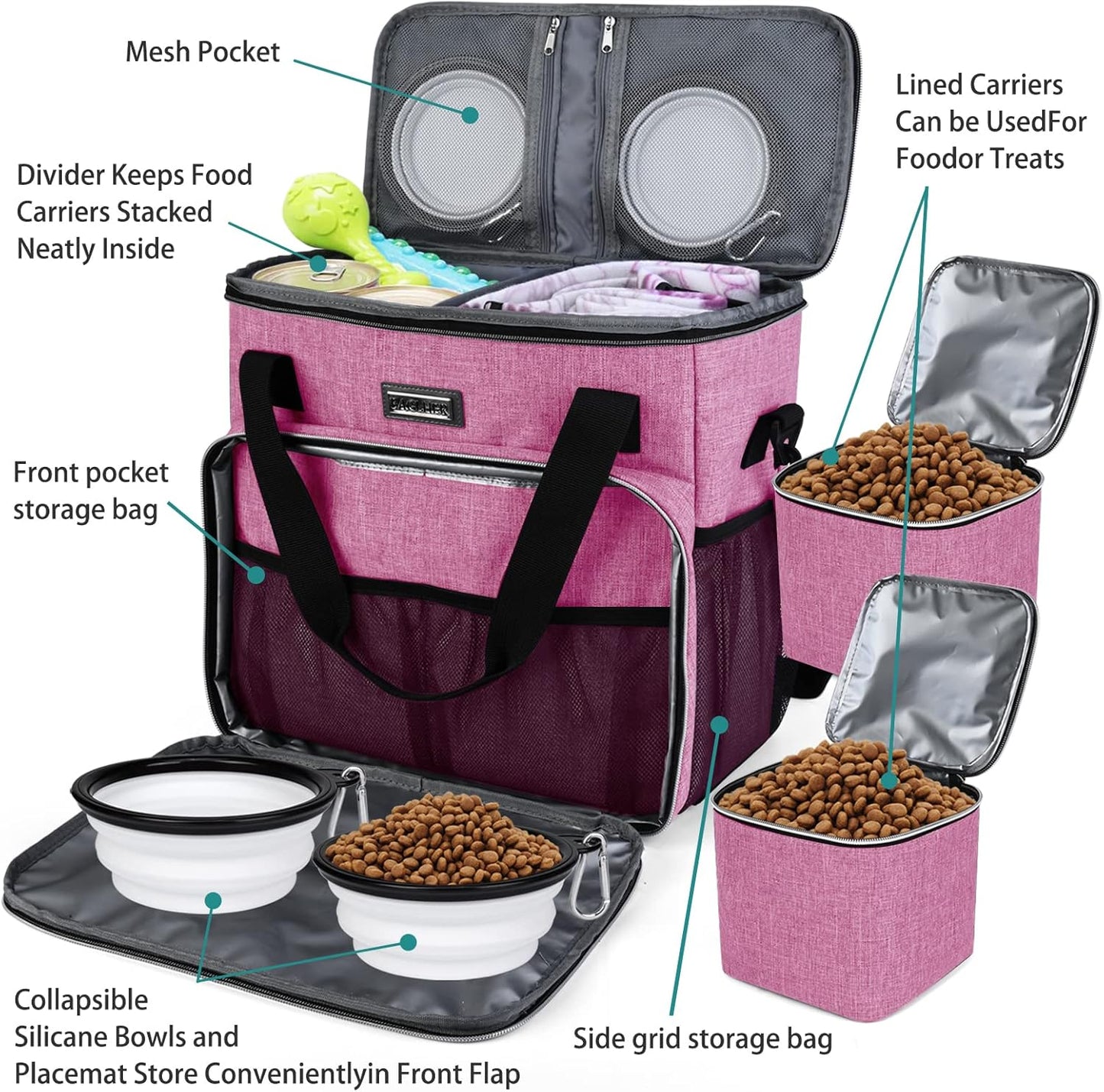 BAGLHER Dog Travel Bag, Pet Travel Bag (ALL Pet Travel Supplies), With 2 Pet Food Containers and 2 Collapsible Silicone Bowls; Essential Kits for Pet Travel Pink