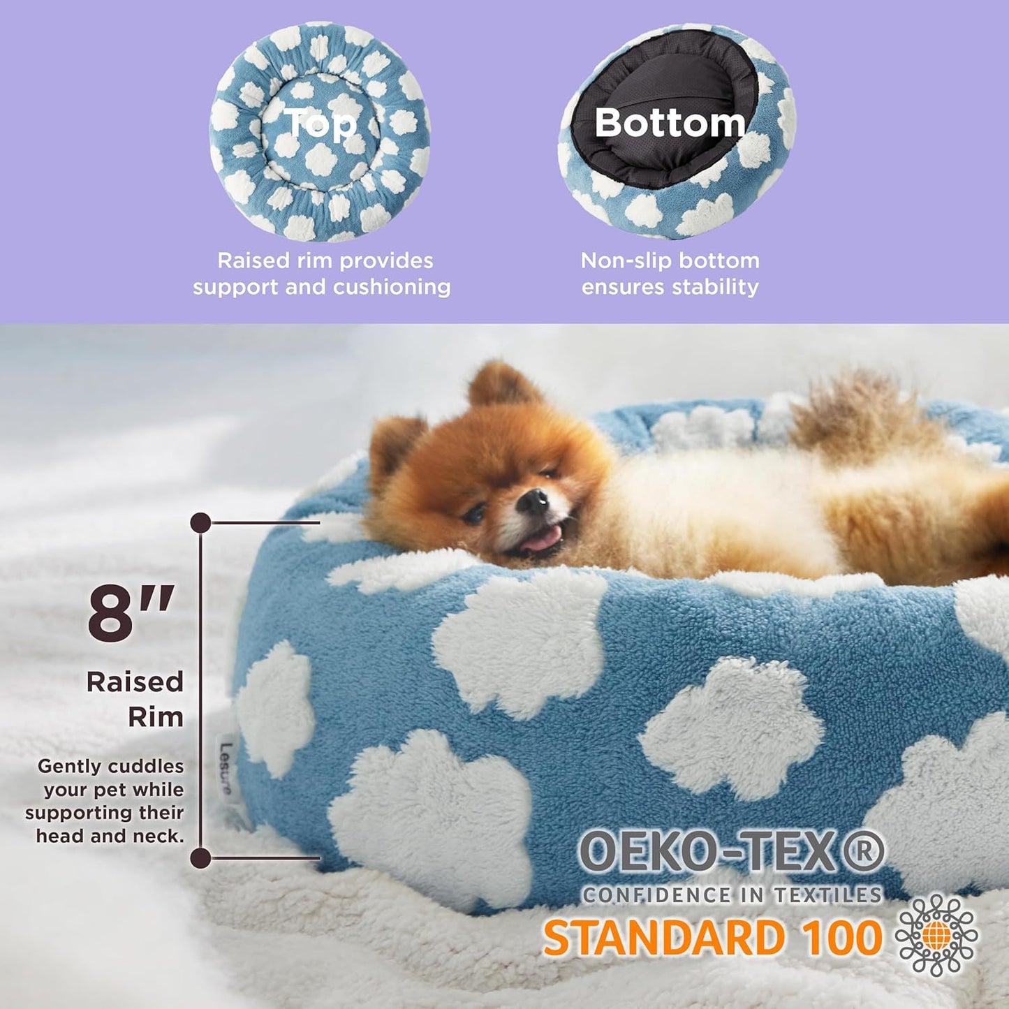 LE SURE Donut Dog Beds for Small Dogs - Round Cat Beds for Indoor Cats for Calming Pet with Washable Cover, Cute Modern Beds with Jacquard Shaggy Plush & Anti Slip Bottom, 23 Inch, Blue