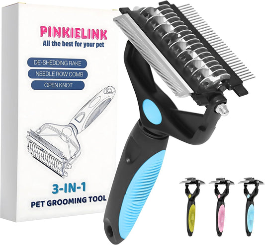 3-IN-1 Pet Grooming Tool - Undercoat Rake, Dematting Comb & Deshedding Brush for Cats & Dogs - Removes Mats, Tangles & Loose Fur, Reduces Shedding & Prevents Hair Mess (Blue)