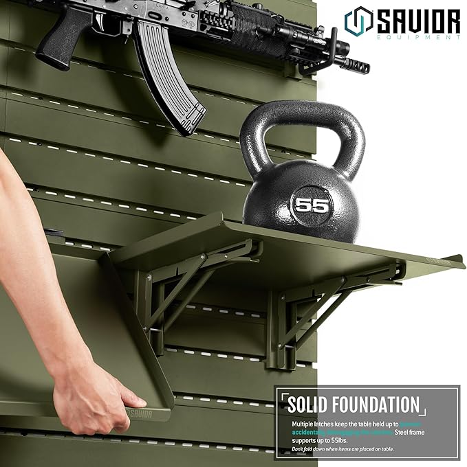 Savior Equipment Wall Rack System Heavy-Duty Steel Folding Table Workbench Shelf Collapsible Wall Mount Hanger, Modular Firearms Gun Wall Gear Accessories Organizer