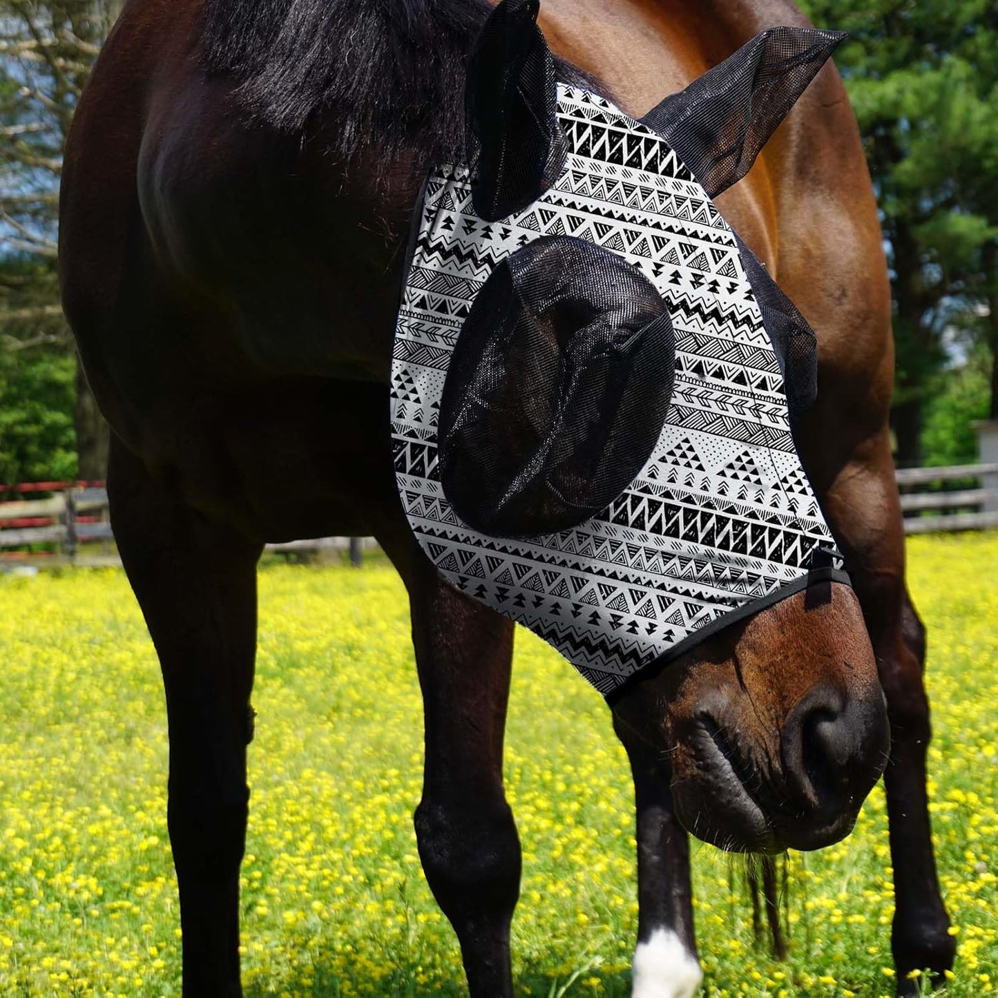 Harrison Howard Super Comfort Stretchy Fly Mask Large Eye Space with UV Protection Soft on Skin with Breathability Doodle Aztec Full Size