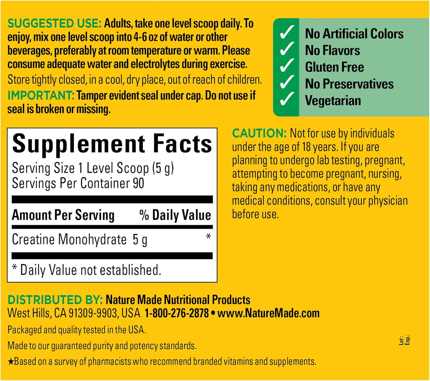 Nature Made Creatine Monohydrate Powder 5 g per Serving, Unflavored Drink Mix Powder, Muscle Support, 450 g, 90 Day Supply