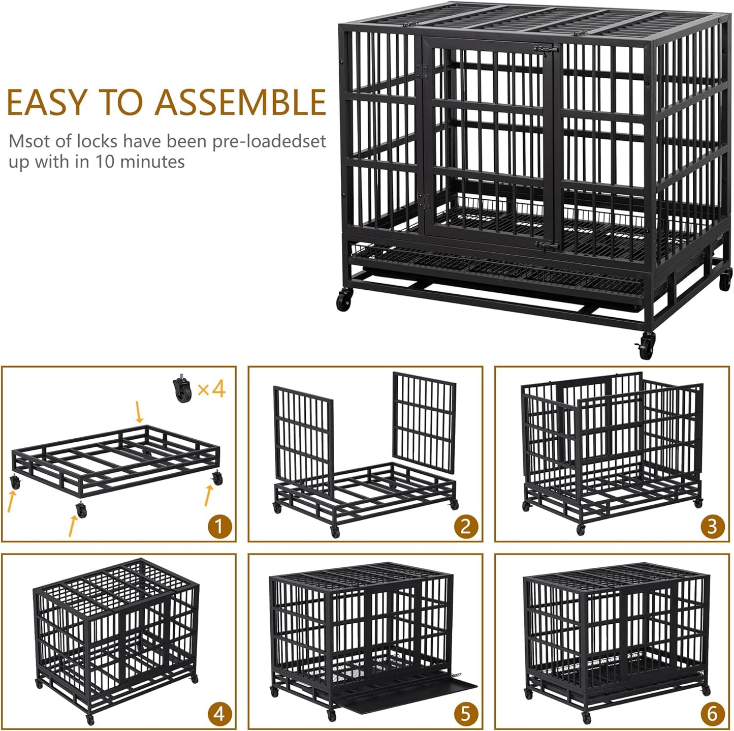 JY QAQA 38 Inch Heavy Duty Indestructible Dog Crate Double Doors Escape Proof Cage Kennel,Enhanced Metal Pet Cage,Extra Large XL XXL Crate Indoor for Large Dog with Removable Tray and Lockable Wheels
