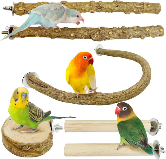 PINVNBY 6 PCS Natural Bird Perches Wooden Parrot Perch Sets Bird Perches for Cage Parakeet Platform Hammock Paw Grinding Fork Chewing Stick for Budgies Conures Finches Cockatiels Lovebirds