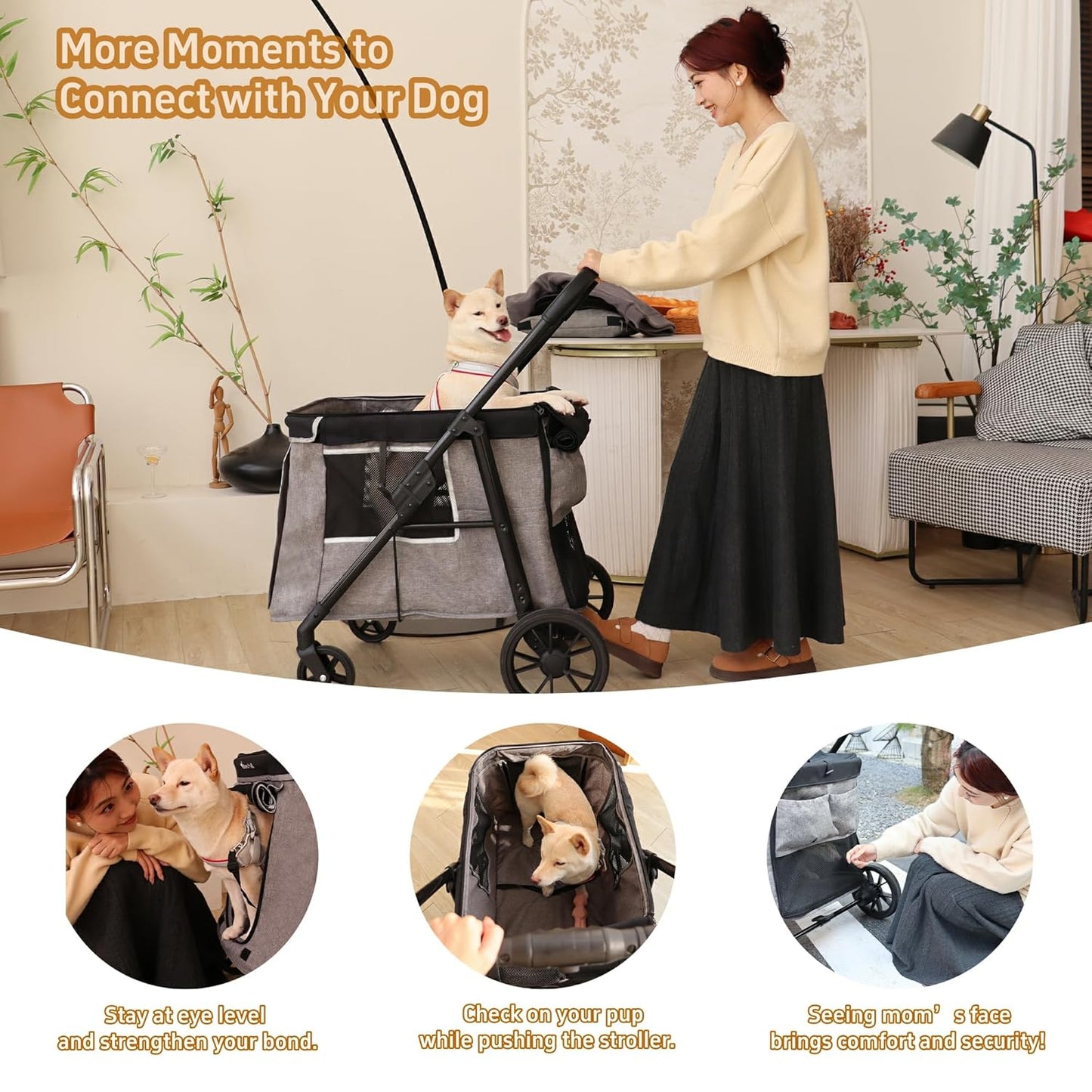 Medium Dog Stroller for Small to Large Dogs 4 Wheels Multi Pet Stroller for 4 Dogs Holds Up to 66lbs, One-Click Folding&Smooth Tires&Sunshade & Storage Basket (Gray, Medium)