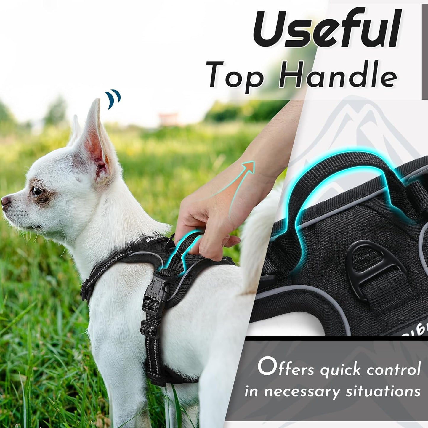 Eagloo Small Dog Harness No Pull, Service Vest with Reflective Strips and Control Handle, Adjustable and Comfortable for Easy Walking, No Choke Pet Harness with 2 Metal Rings, Black, XS