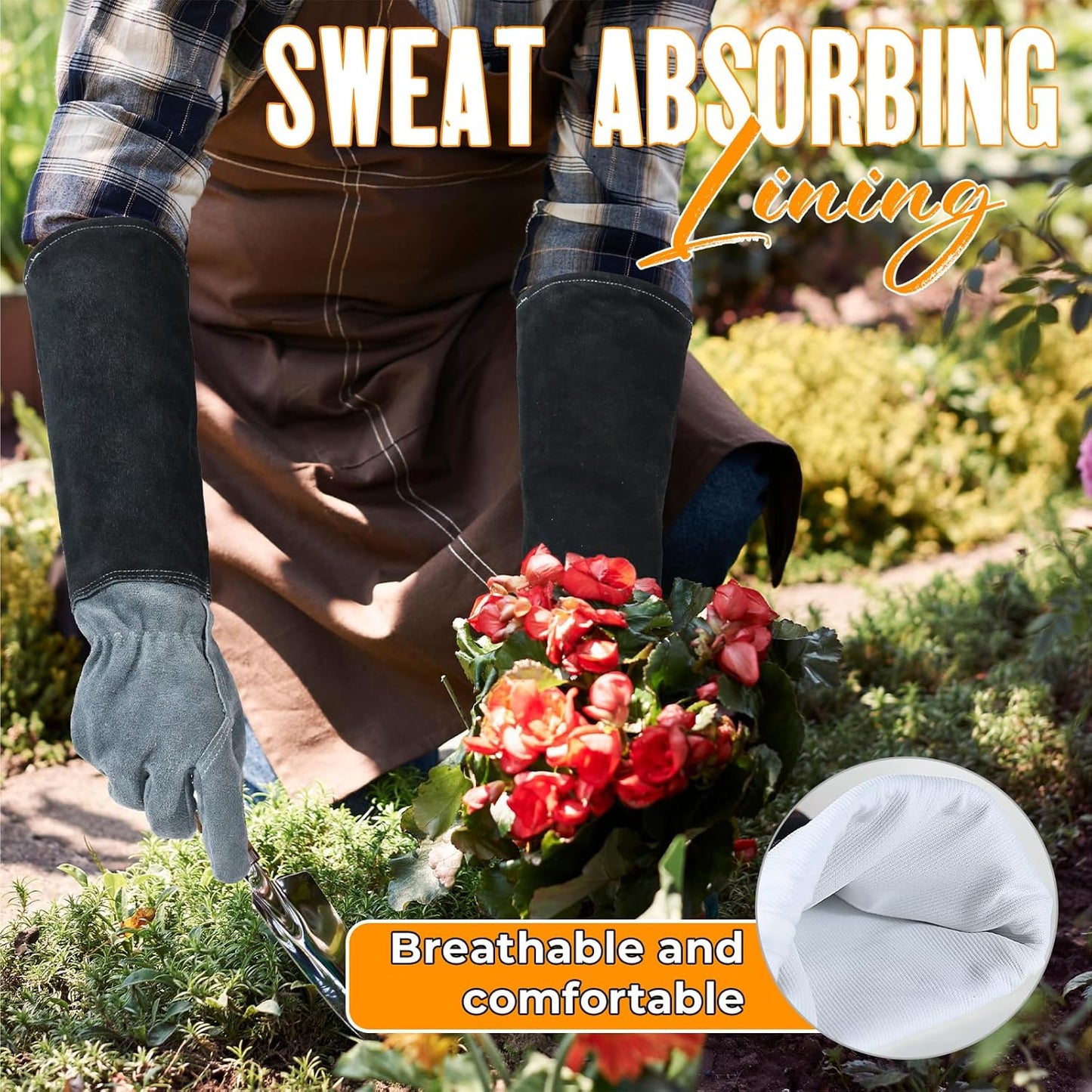 HANDLANDY Long Gardening Gloves for Men & Women, Cowhide Leather Rose Pruning Gloves, Breathable Thorn Proof Gauntlet Glove (Dark Grey-Black, XL)