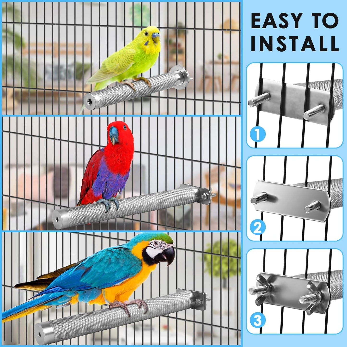 KATUMO Parrot Perch - Stainless Steel African Grey Perch Bird Cage Accessories for Small to Large Parrots (11.8 x 1.2 inch)