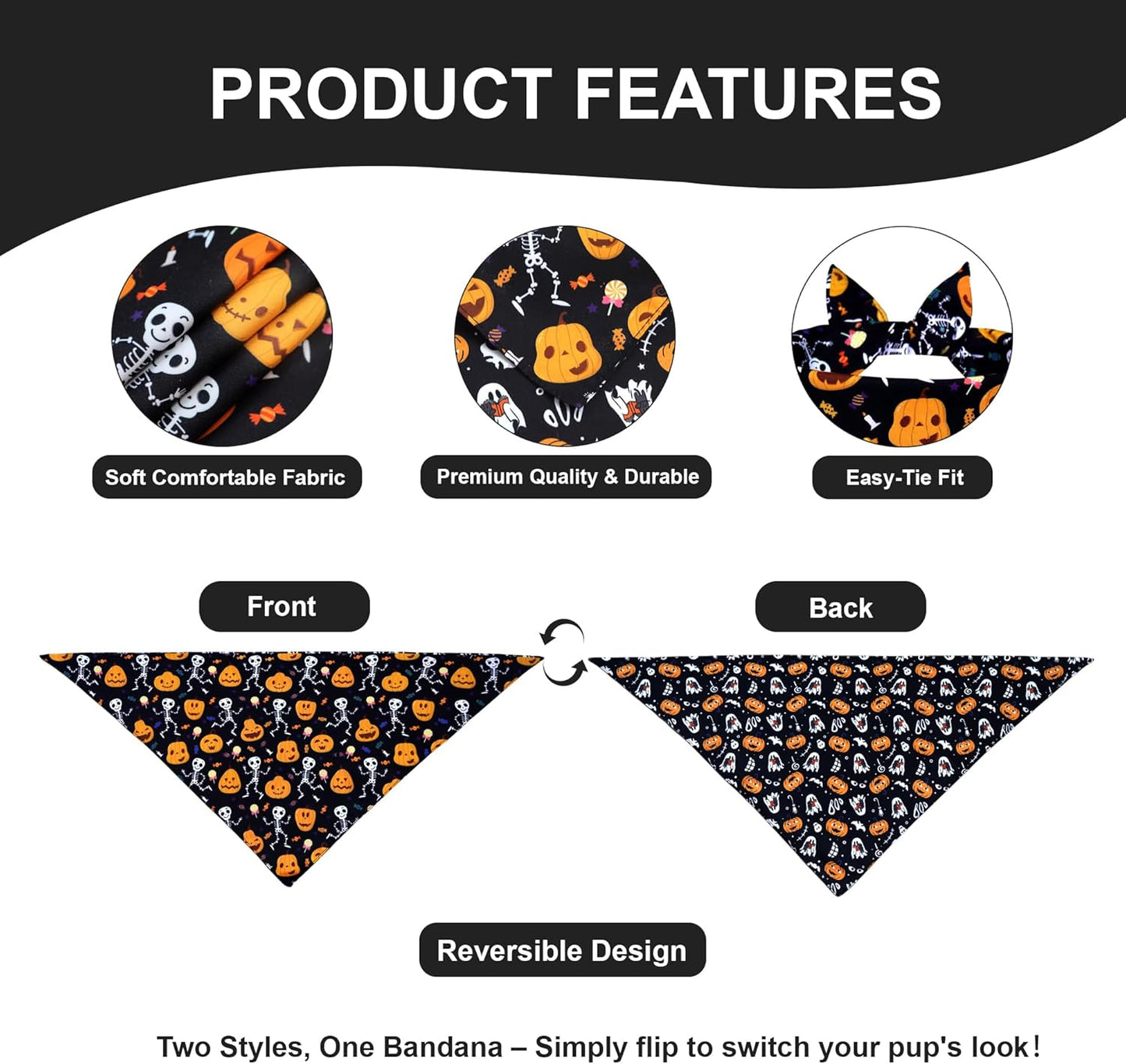 Halloween Dog Bandana for X-Large Dogs - Reversible Black Skull Pumpkin Print Scarf - Soft & Quick-Dry for Costume Parties
