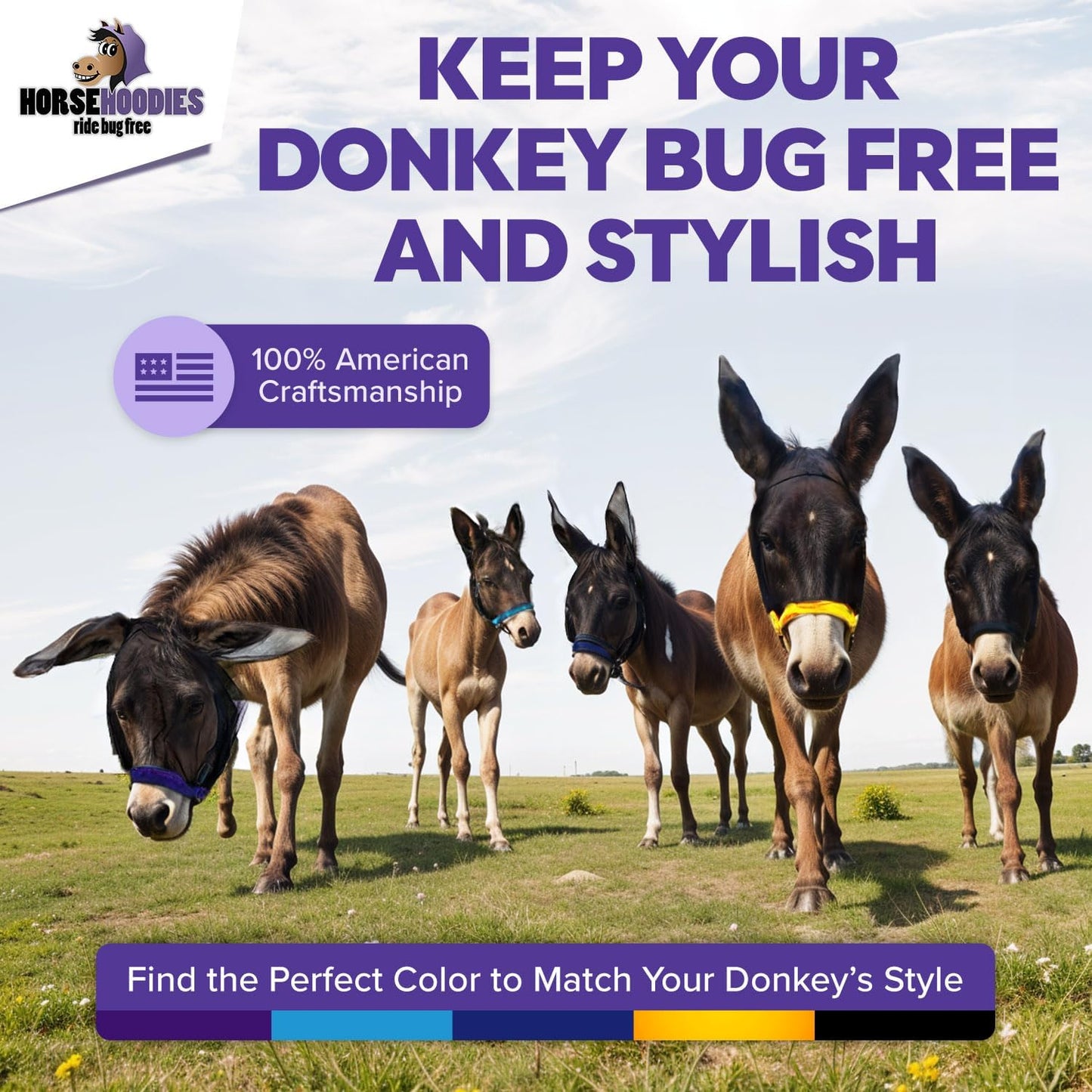 Donkey Fly Mask with Long Ears (Aqua) Half Hoodie for Standard Donkey, Made in USA - Mule Fly Mask with Ears Protection from Insects and Bugs, Face Cover Soft Mesh Fabric with Adjustable Fastener