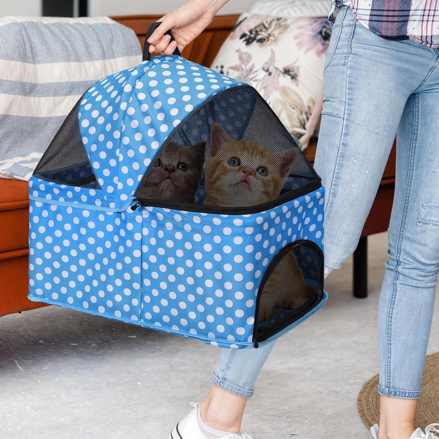 Magshion Foldable Pet Stroller, 3-in-1 Dog Travel Jogger with Detachable Carrier, Cup Holder, Storage Basket, Folding Carrier for Small/Medium Dogs & Cats Up to 33 lbs, Sky Blue Polka Dots
