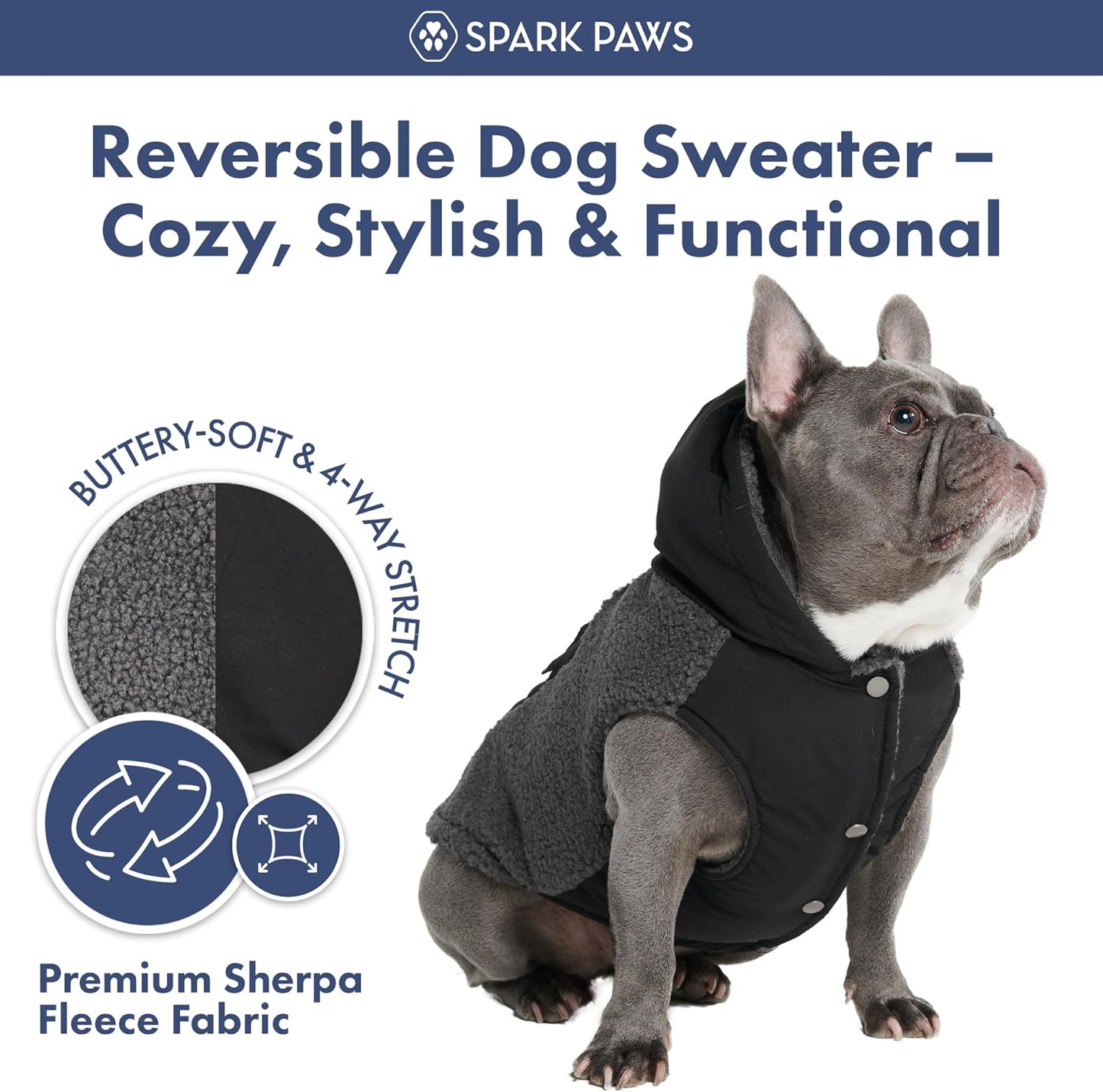 Spark Paws Reversible Dog Sweater, Sherpa Jacket Vest with Warm Fleece Lining, Warm Coat for Winter, Suitable for Small Medium, Large, XL XXL Dogs - Black and Grey - XL