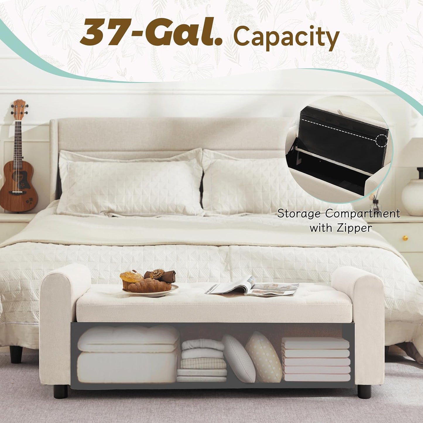 Ottoman with Storage, Tufted Storage Bench for Bedroom, 48" Fabrics End of Bed Bench, Upholstered Entryway Shoe Benches with Rolled Arm & Inner Zipper, Window Ottomans Chest without Rivets, Beige