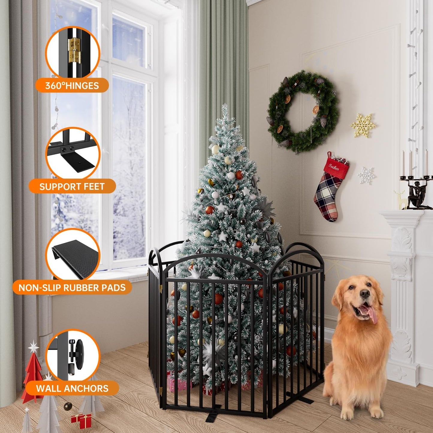 6 Panles Full Matel Freestanding Dog Gates with Door, 144"Extra Wide 32"Tall Free Standing Dog Pet Gate for Indoor & Outdoor. Foldable Pet Fences for Doorways, House, Stairs, Porch, Deck, Yard