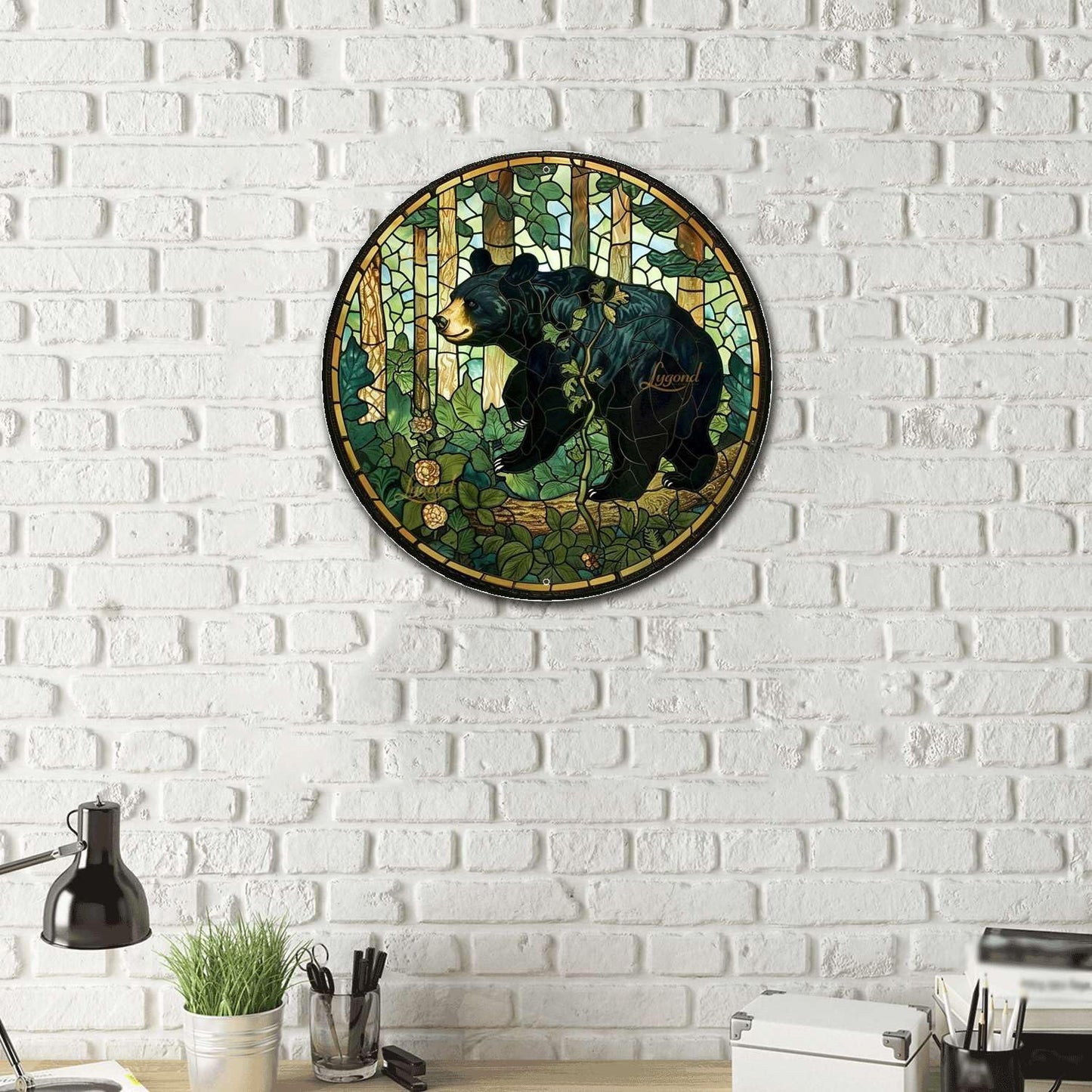 Lygond Metal Sign Tin Sign Circular Stained Glass American Black Bear Minimalist Wall Art for Garage 8×8 Inches