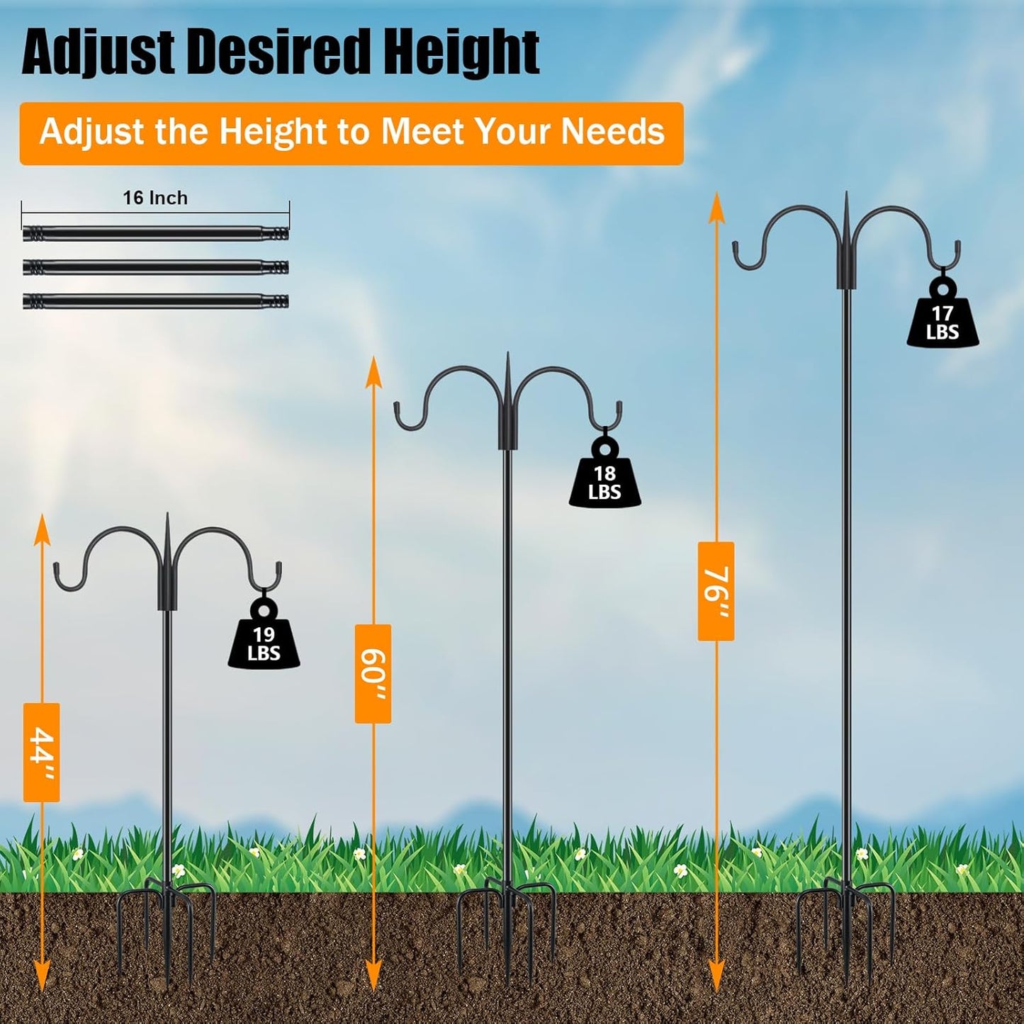 FEED GARDEN Adjustable Double Shepherds Hook for Outdoor with 5 Prong Base 76 Inch Heavy Duty Two Sided Bird Feeder Pole for Hanging Plant Baskets, Solar Light Lanterns, Wind Chimes