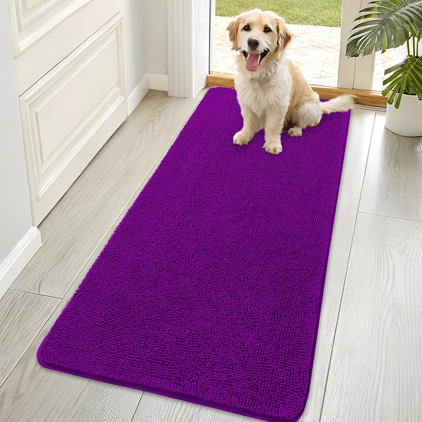 OLANLY Dog Door Mat for Muddy Paws 70x35, Absorbs Moisture and Dirt, Absorbent Non-Slip Washable Doormat, Quick Dry Chenille Mud Mat for Dogs, Entry Indoor Entryway Carpet for Inside Floor, Purple