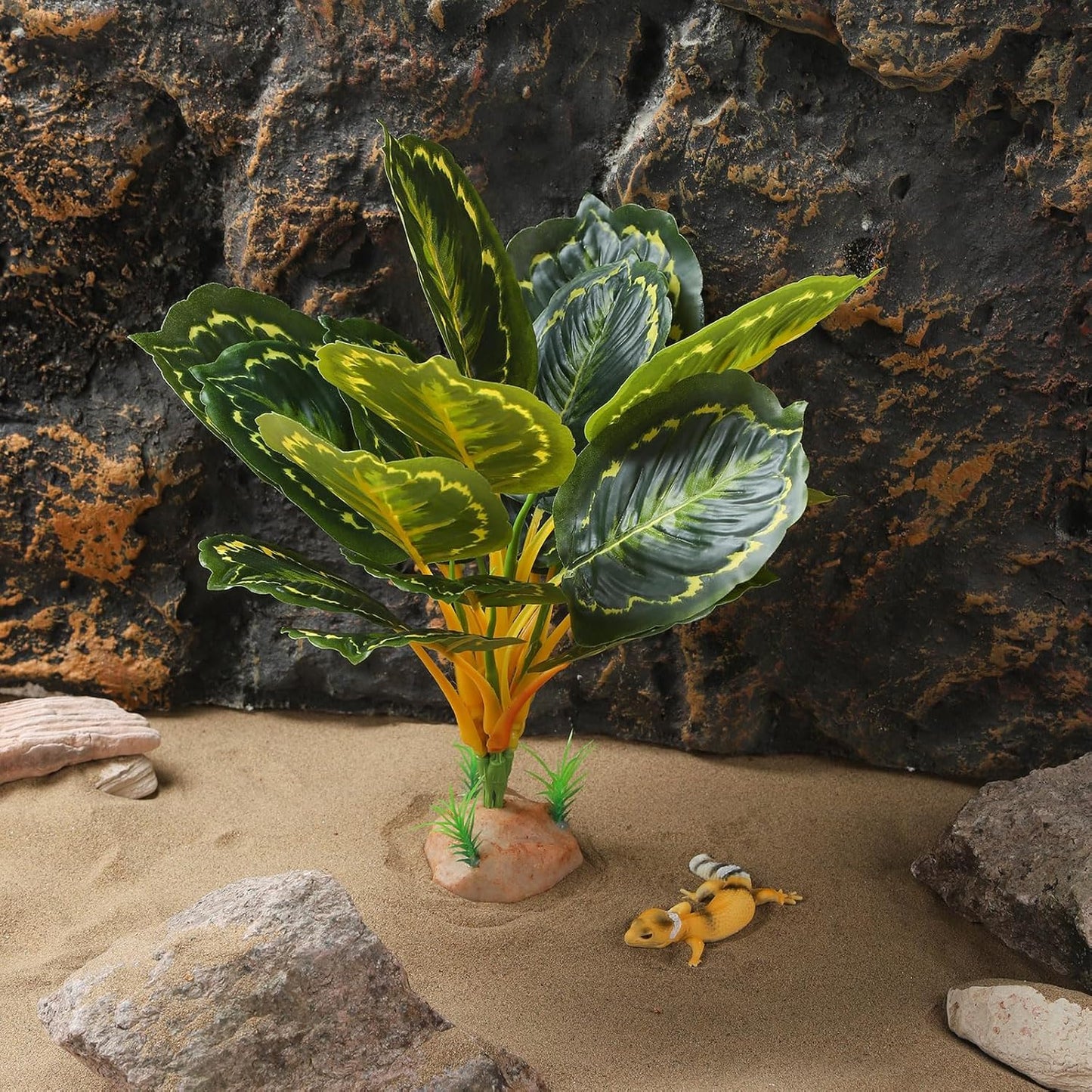 IBWell Reptile Plants - Tortoise Habitat Accessories, Artificial Spider Plant for Gecko, Ball Python, Tortoise Terrarium Decor - Calathea Makoyana B