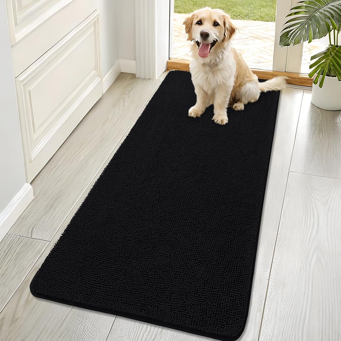 OLANLY Dog Door Mat for Muddy Paws 70x32, Absorbs Moisture and Dirt, Absorbent Non-Slip Washable Doormat, Quick Dry Chenille Mud Mat for Dogs, Entry Indoor Entryway Carpet for Inside Floor, Black