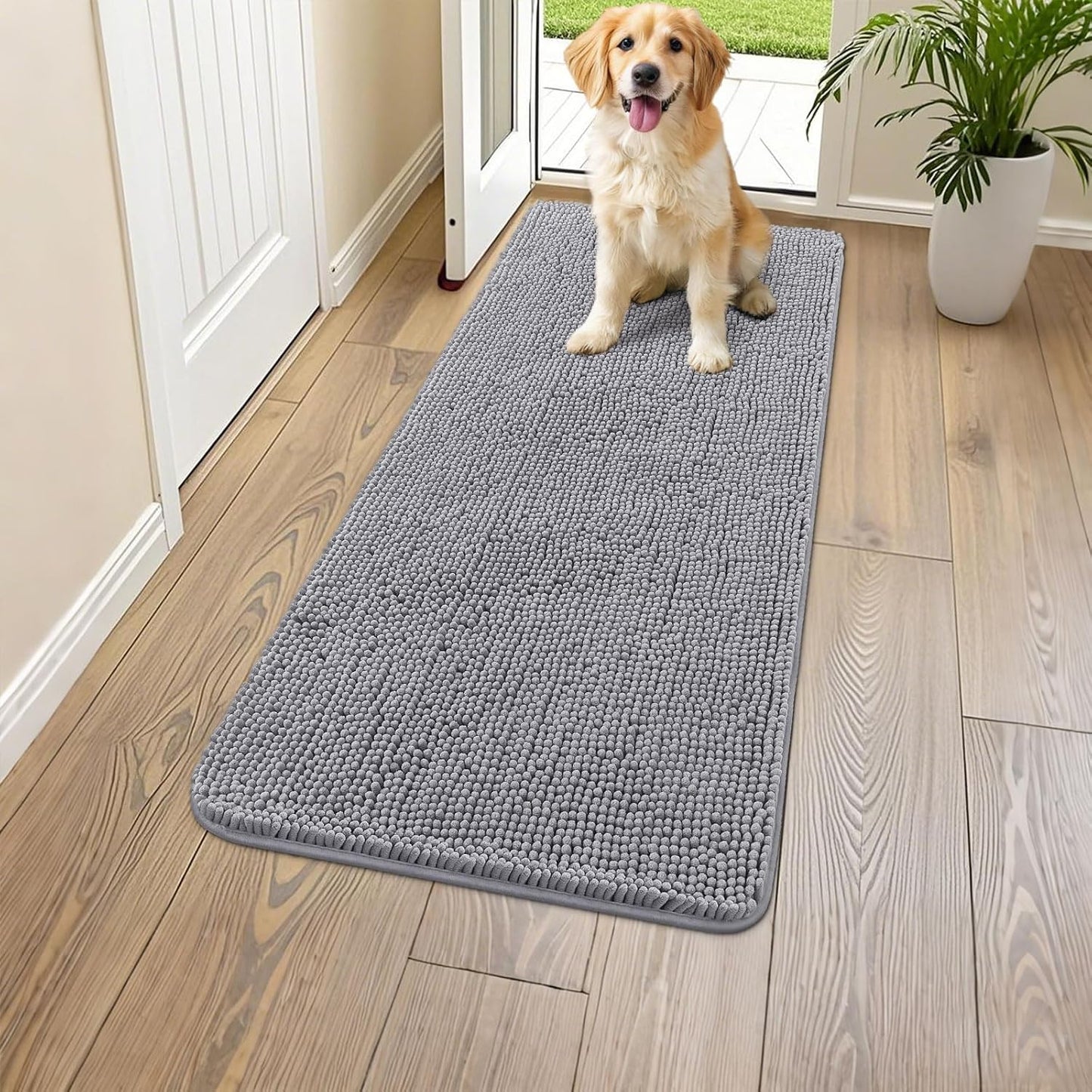 Smiry Dog Door Mat for Muddy Paws 47x24, Absorbs Moisture and Dirt Doormat, Non-Slip Washable Quick Dry Chenille Front Door Mat Indoor Entrance, Entryway Carpet for Inside Floor, Grey