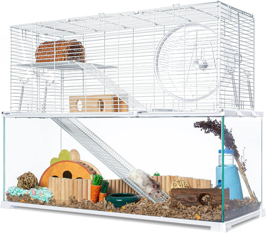 OIIBO 3 Tiers Large Hamster Cages, Glass Hamster Cage Habitat with Openable Wire Topper, Gerbil Cage with Two Ladders Ramps and Removeable Waterproof PVC Tray, Easy to Clean