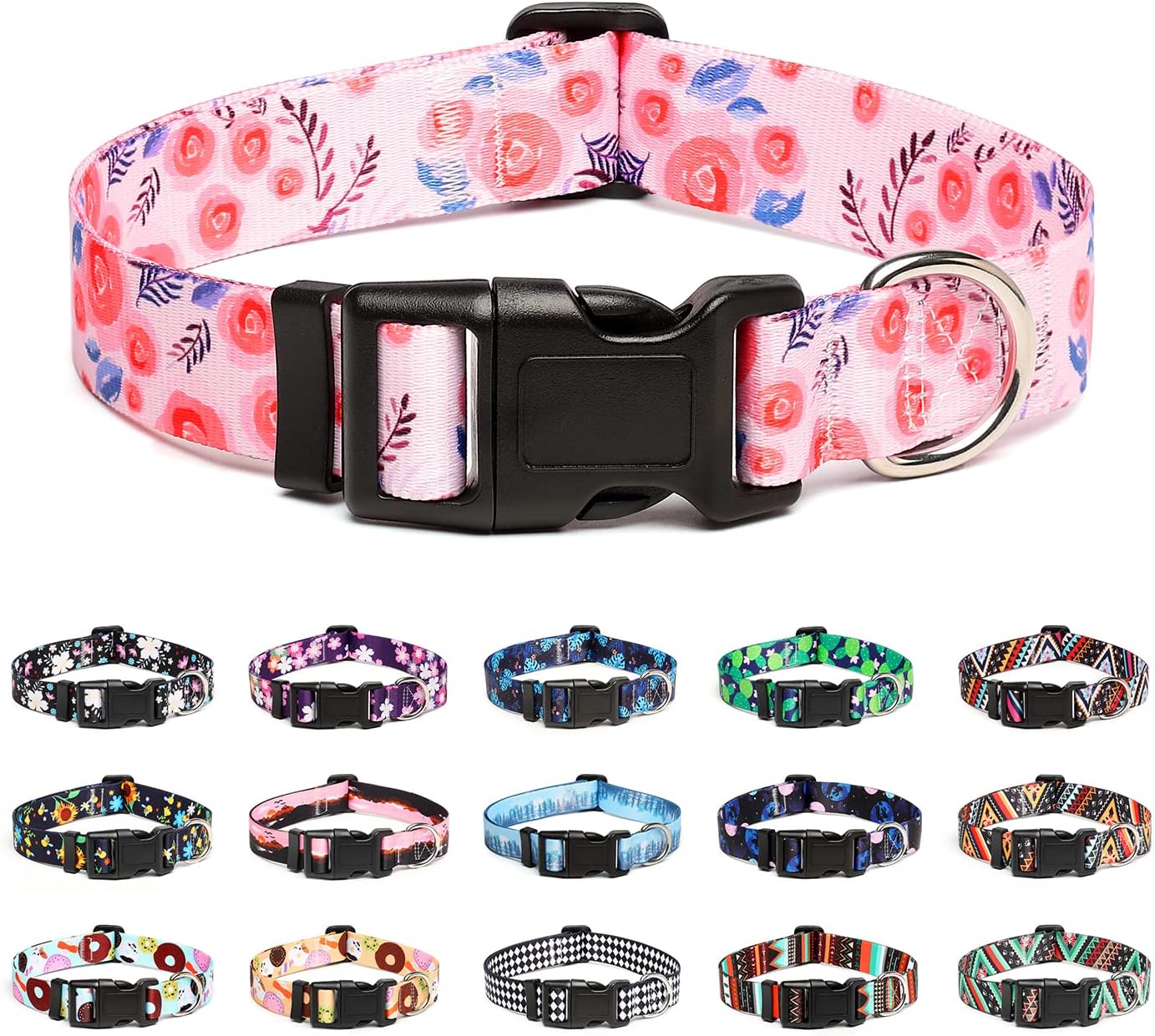 Mercano Adjustable Dog Collar - Special Design Patterns, Soft Nylon Comfortable Durable Pet Collar for Small Medium Large Dogs (L, Rose)