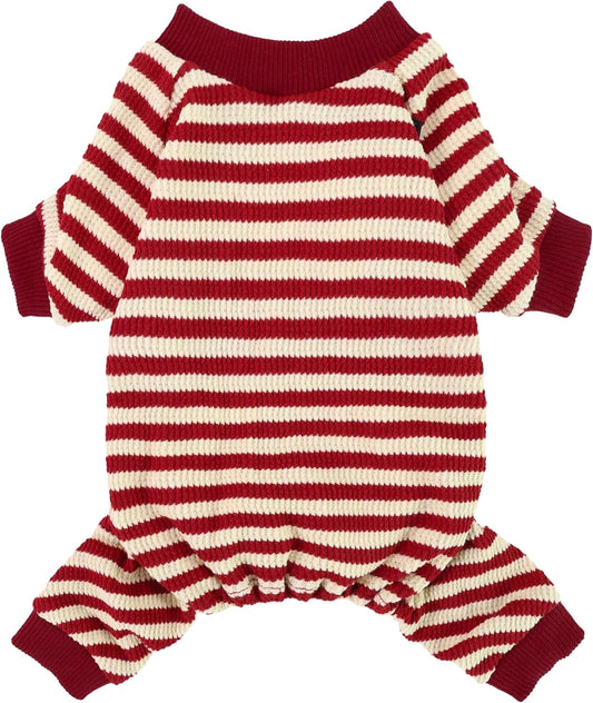 Fitwarm Red and White Striped Dog Pajamas, Waffle Dog Clothes for Small Dogs Girl Boy, Puppy Onesie with Feet, Pet Christmas Outfit, Large