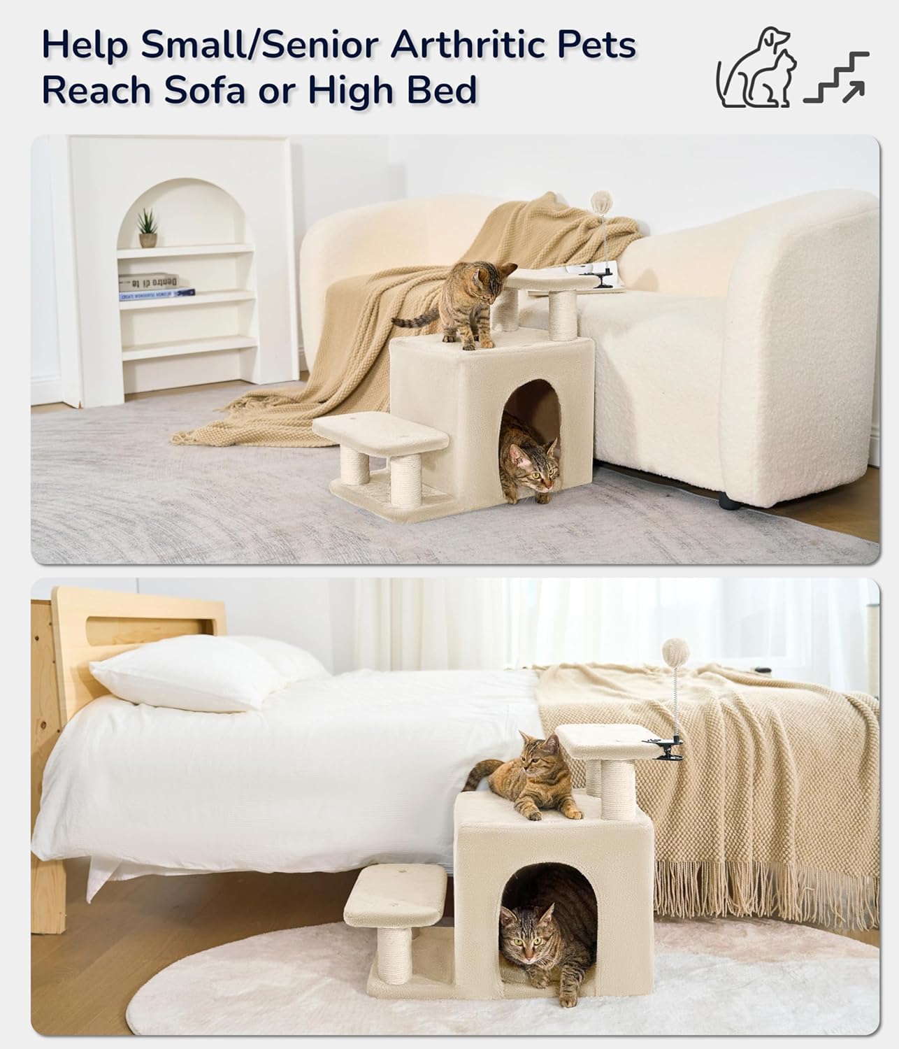 Happi N Pets Dog Stairs with Cat Scratching Post & Large Condo, Stable Pet Steps for High Beds Couch, 3 Combinations Cat Ramp Tree Tower for Cats or Small Dogs, Removable Cushion & Bonus Toy, Beige