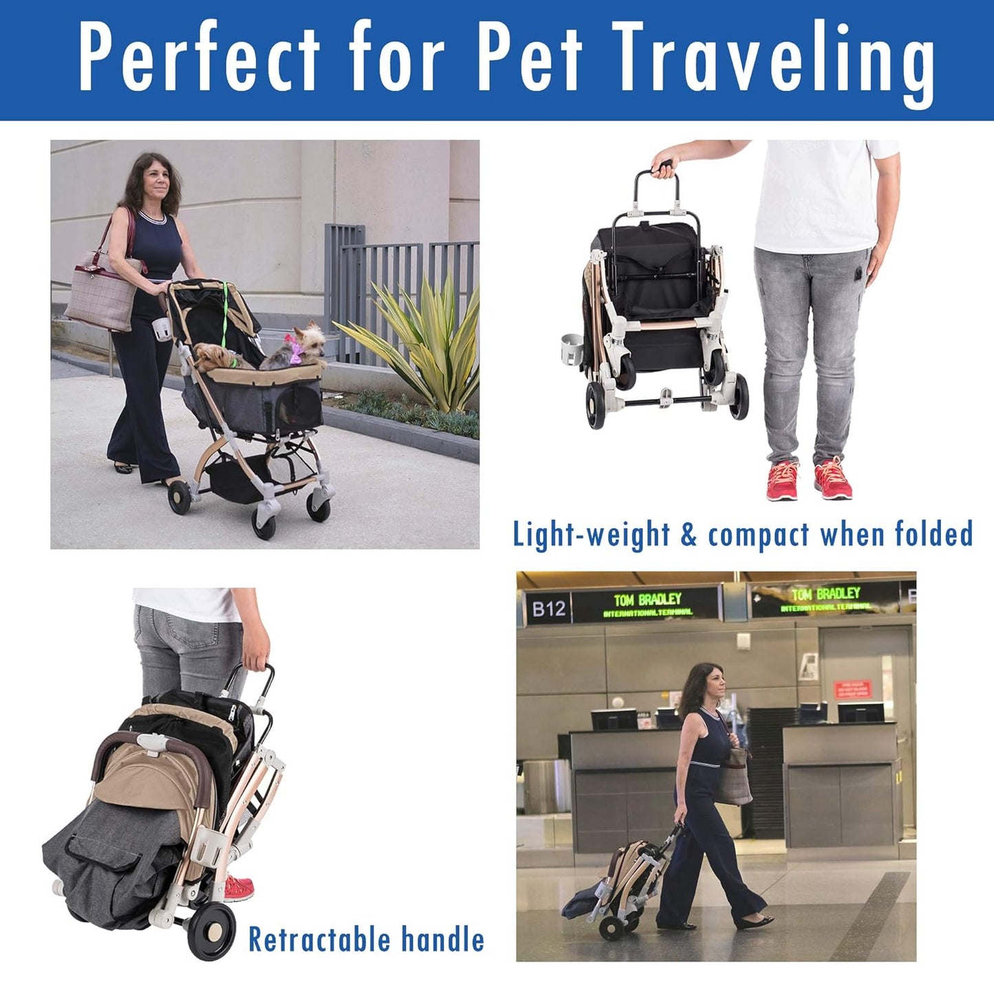 HPZ-PR America Pet Rover Lite Premium Light-Weight Dog/Cat/Pet Stroller Travel Carriage with Convertible Compartment/Aluminum Frame for Small & Medium Pets (Taupe 2nd-Gen.)
