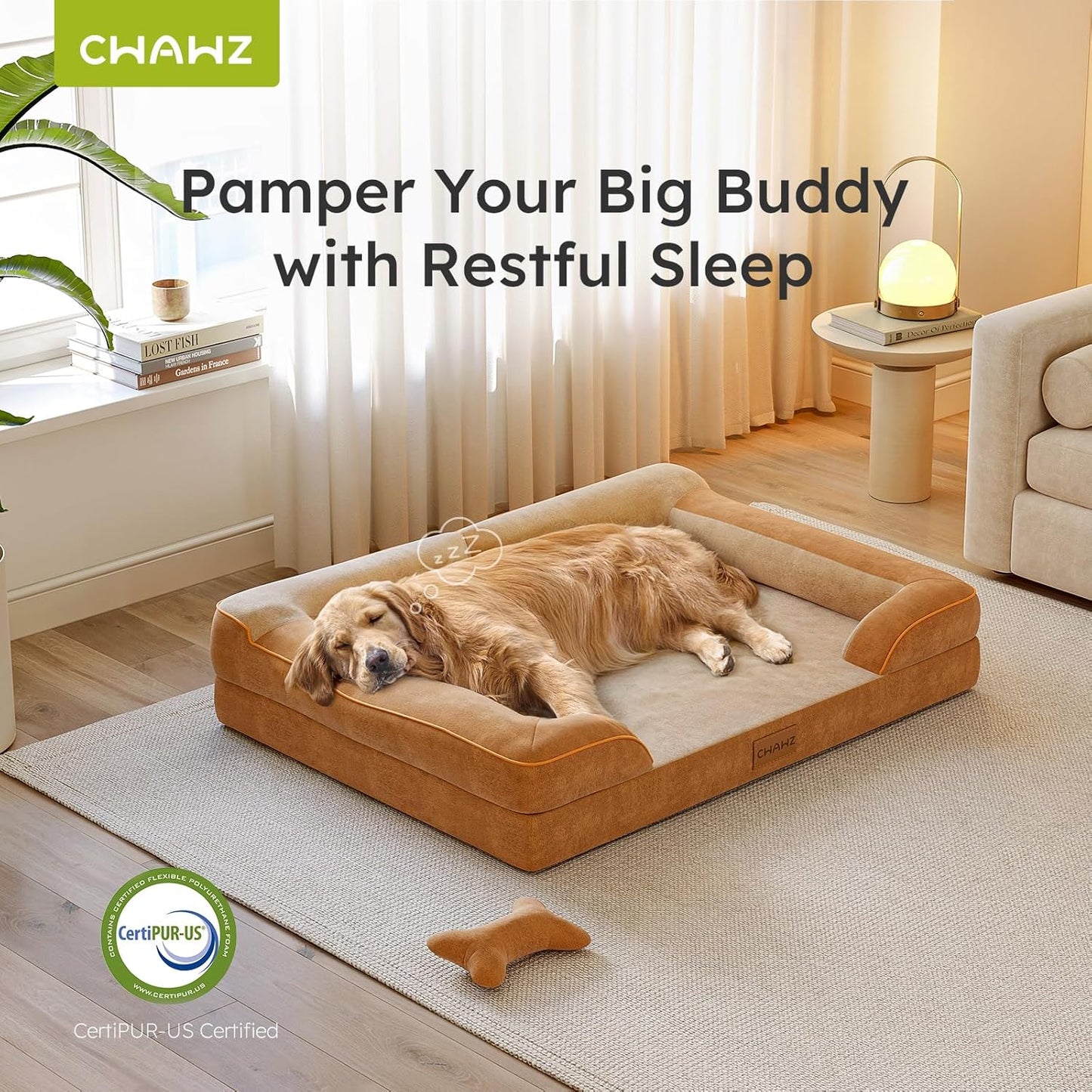 XXL Dog Bed for Extra Large Dogs, Giant Orthopedic Dog Bed with Cooling Gel Memory Foam, Waterproof Pet Bed with Removable Washable Cover, 53" Pet Sofa Bed Dutch Velvet with Bone Toy, Brown