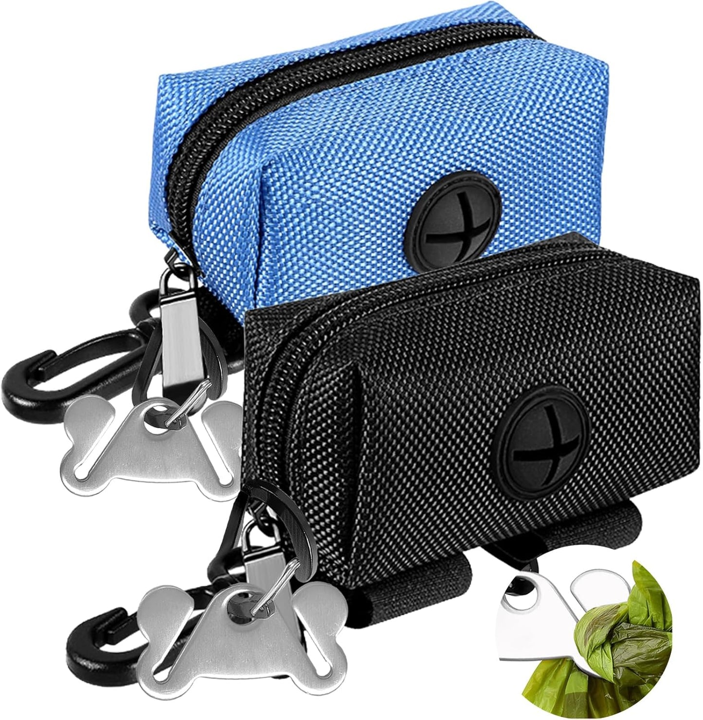 Dog Waste Bag Dispenser Pet Poop Bags Holder for Doggie Waste Bags Dispensers Soft Fabric Zipper Small Doggy Puppy Pouch for Leash Accessory Attachment with Carrier,2PCS Blue&Black