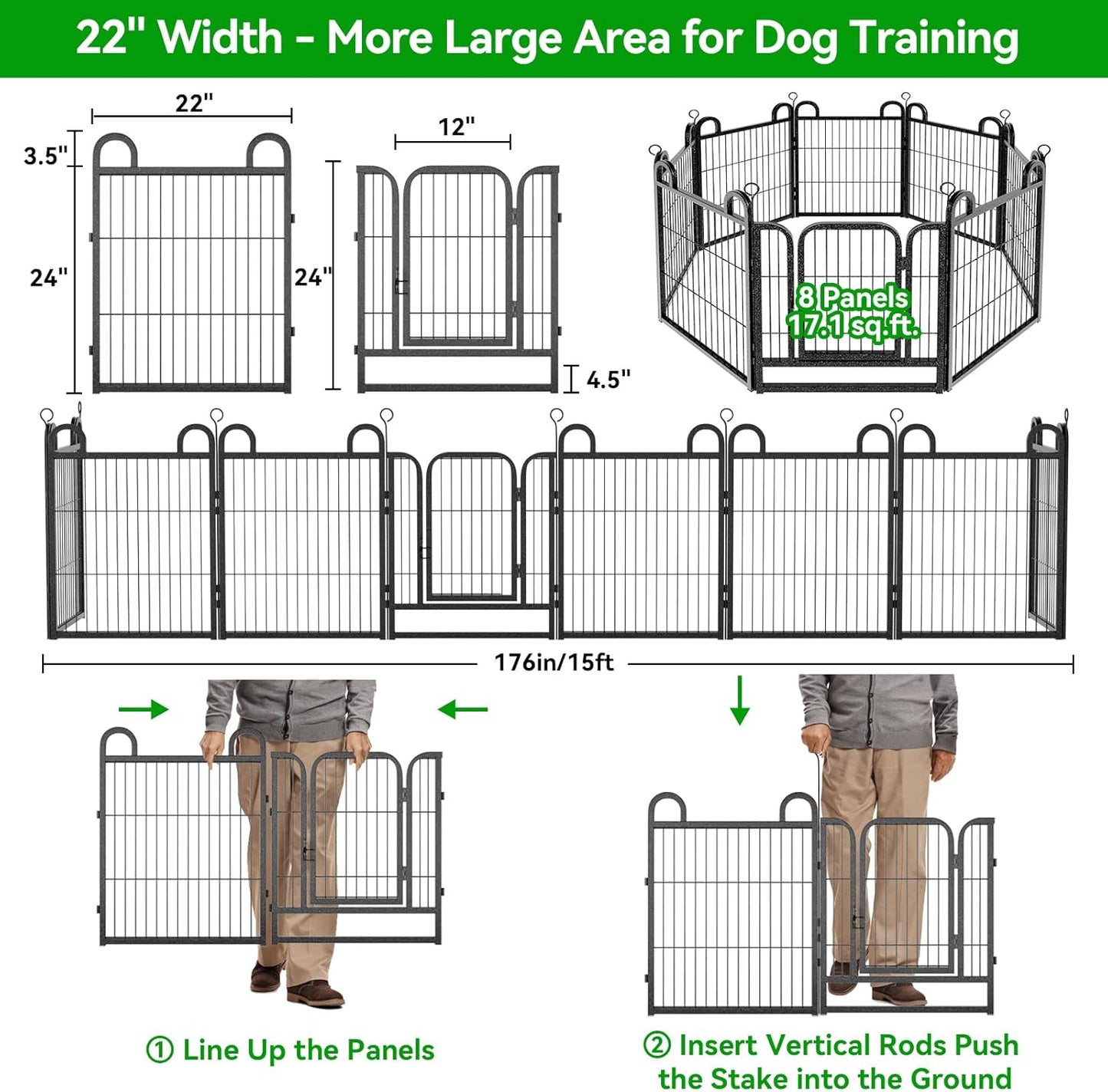 Puppy Playpen 8 Panels Small Dog Fence Outdoor Indoor Use 24" Height Anti-Rust with Doors Portable Dog Play Pen for RV Camping Yard, Total 15FT, 17 Sq.ft, Snowy Black
