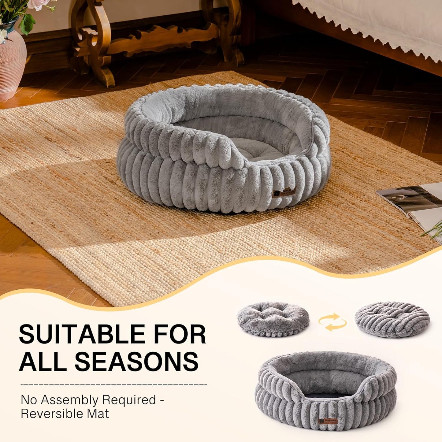 MEWOOFUN Dog Bed for Medium Dogs, Washable Large Cat Beds for Indoor Cats, Donut Pet Bed for Dogs and Cats with Anti-Slip Bottom (Grey, 27"x27"x10")