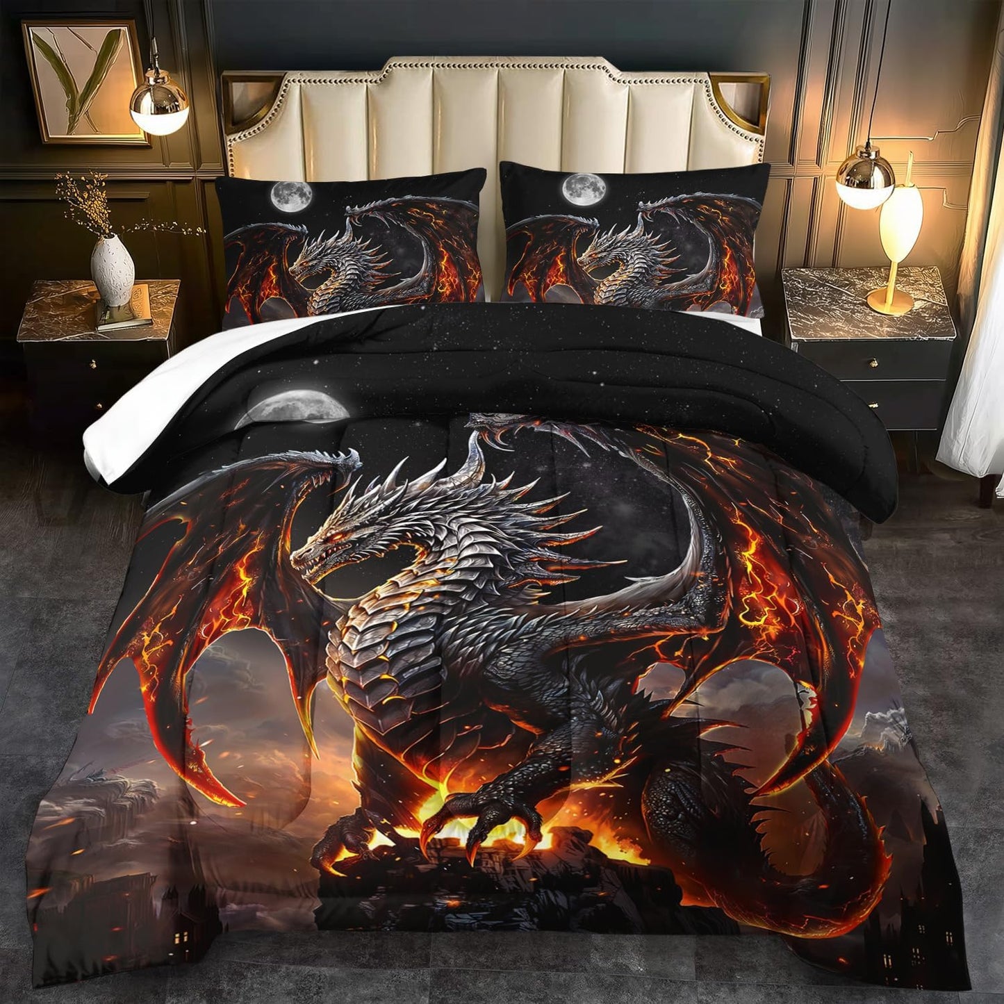 Black Dragon Comforter Set Twin Adult,Flame Dragon Bedding Set for Boys,Magical Beast Bedding Fantasy Animal Comforter Beedroom Decor,Magical Beast Quilt Bed Decor