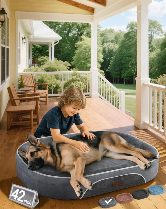 OhGeni Orthopedic Big Dog Couch Pet Sofa XL Sized Cat Beds with Comfort Foam Support, Soft Comfortable Fabric, Machine Washable Waterproof Removable Cover, 42-Inch (Gray)