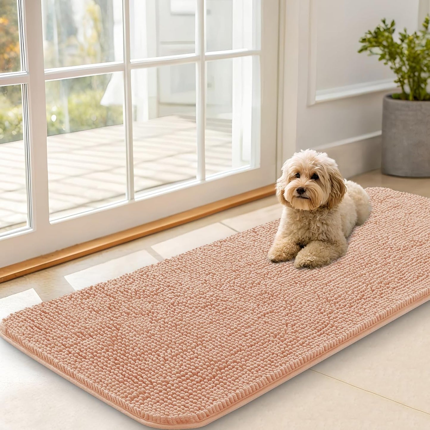 OLANLY Dog Door Mat for Muddy Paws 47x20, Absorbs Moisture and Dirt, Absorbent Non-Slip Washable Doormat, Quick Dry Chenille Mud Mat for Dogs, Entry Indoor Entryway Carpet for Inside Floor, Peach